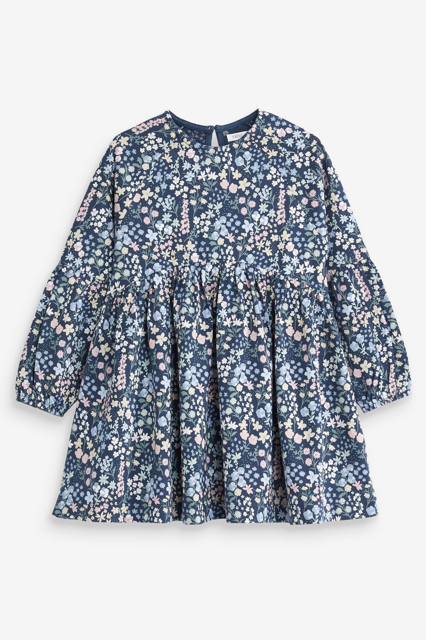 Navy Blue Floral Long Sleeve Dress (3-16yrs)