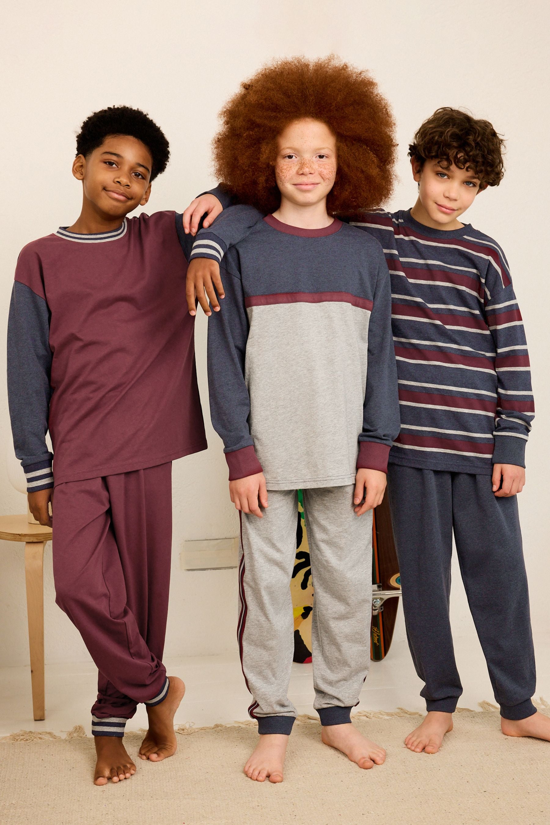 Navy Blue/Burgundy Red 3 Pack Long Sleeve Pyjamas (3-16yrs)