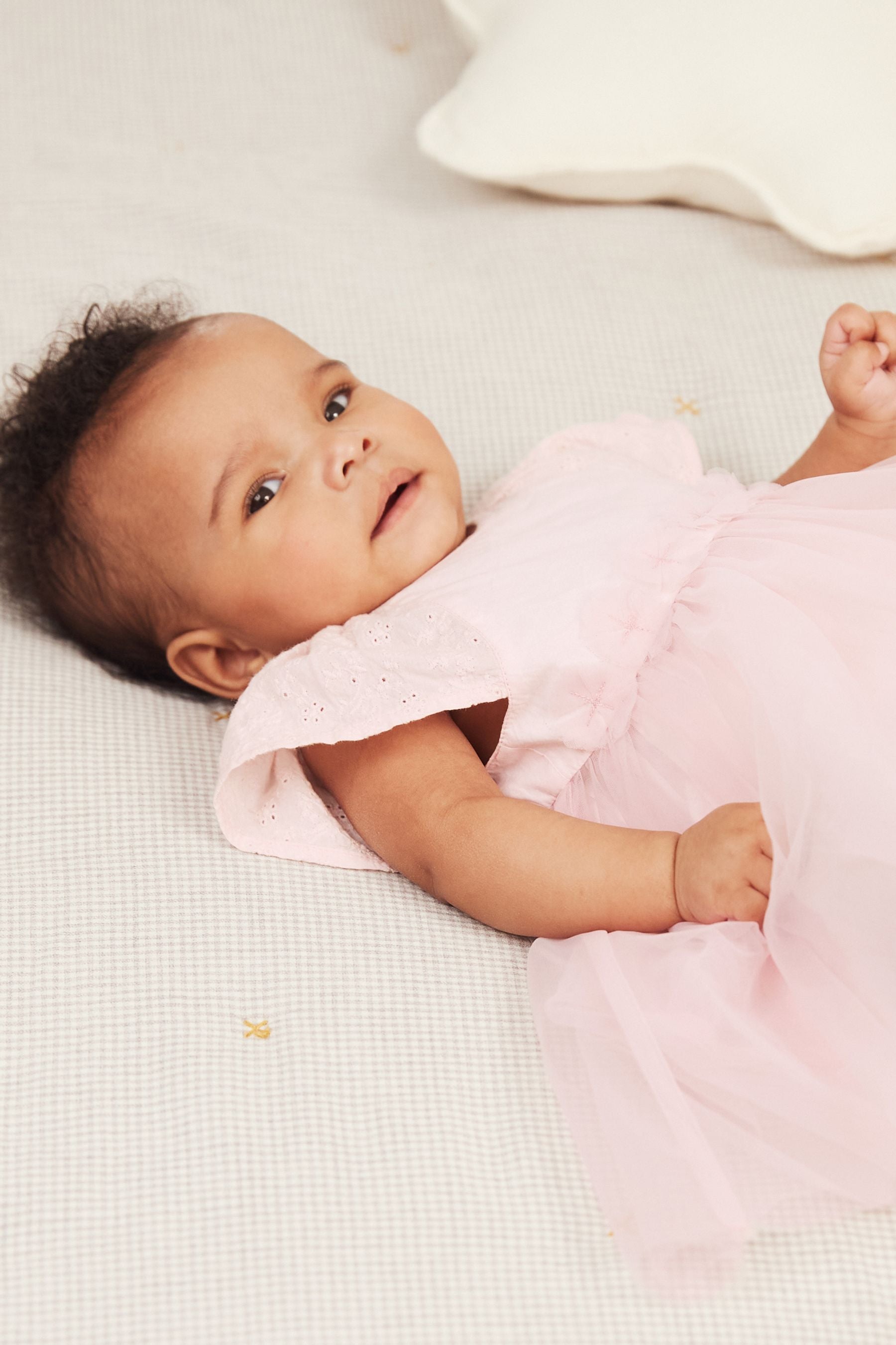 Pink Broderie And Mesh Woven Dress