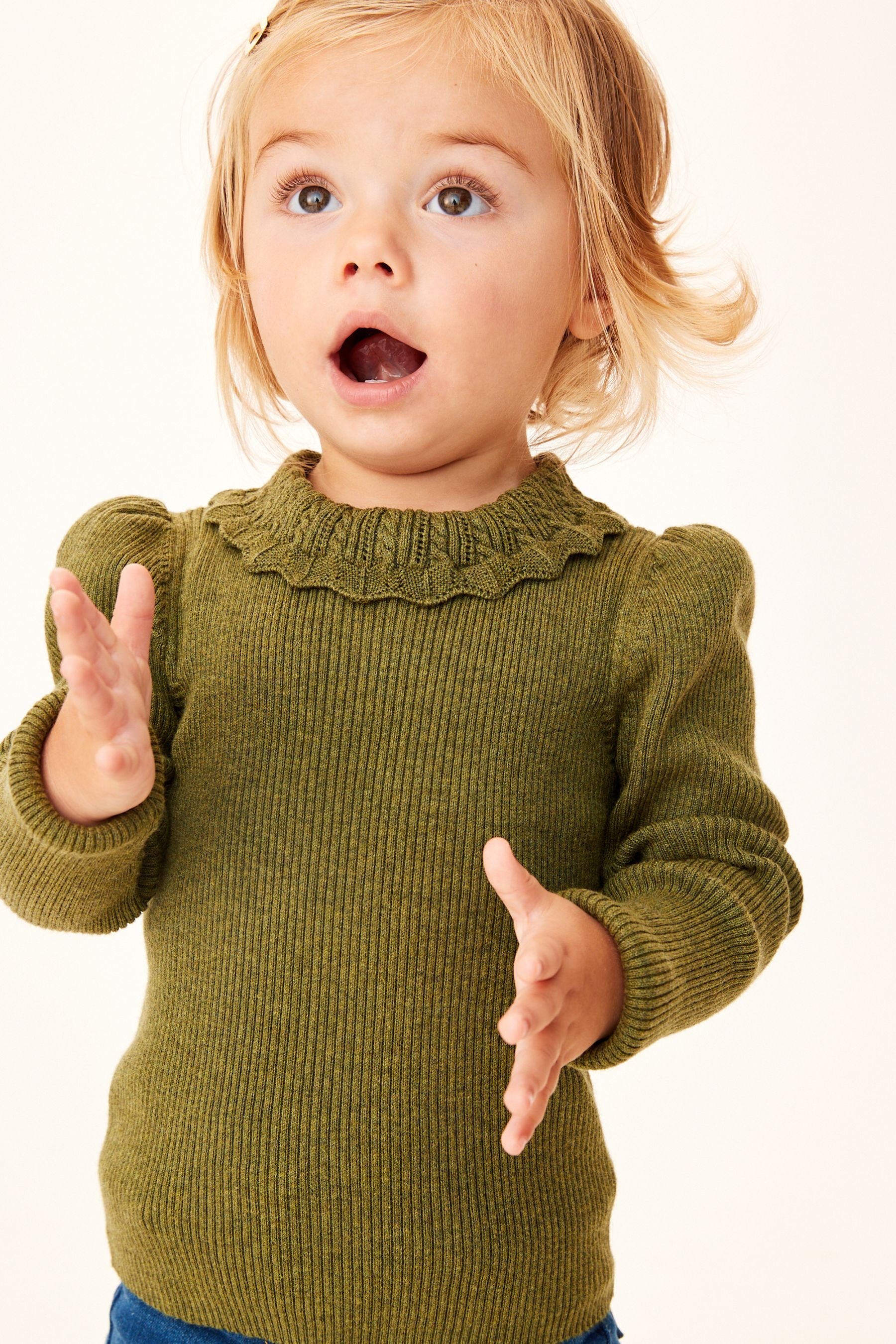 Khaki Green Pointelle Neck Jumper (3mths-7yrs)