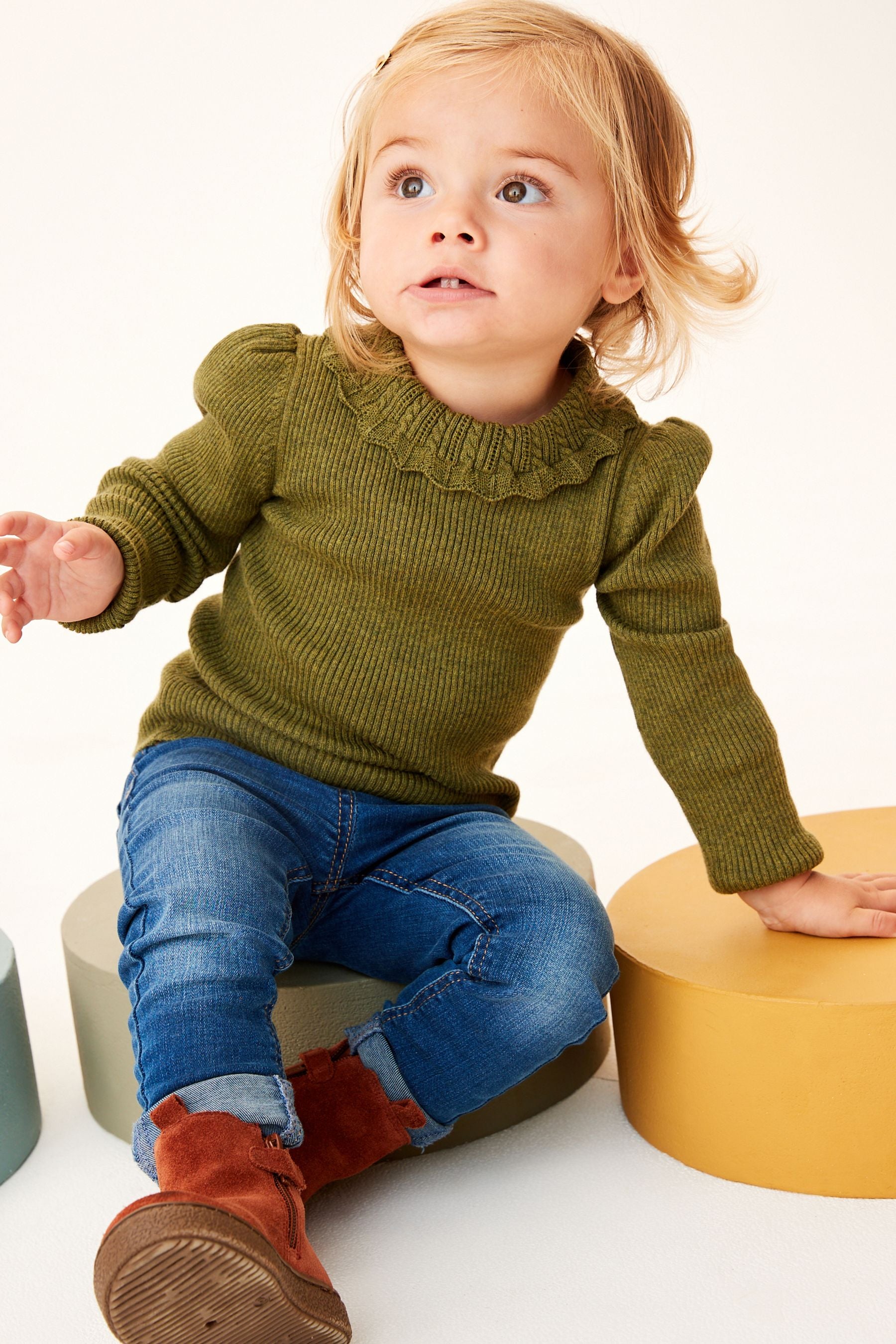 Khaki Green Pointelle Neck Jumper (3mths-7yrs)