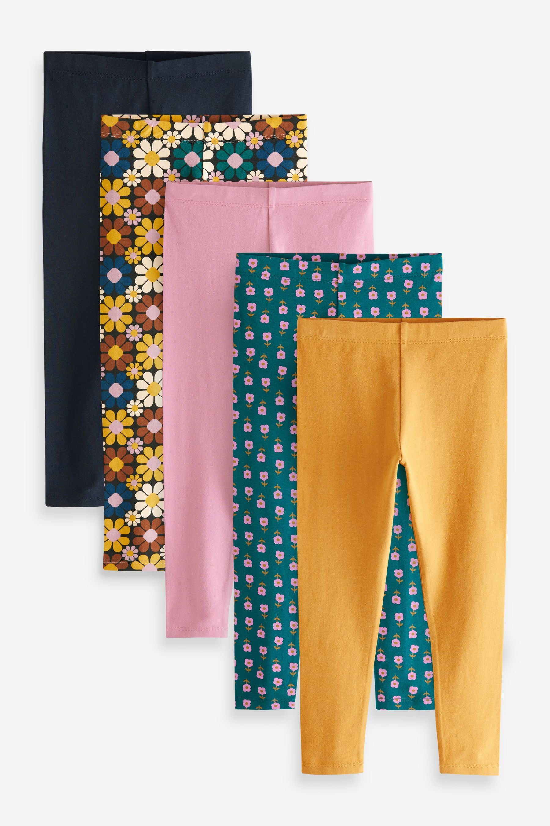 Pink/Teal Green/Ochre Yellow Floral 5 Pack Leggings (3-16yrs)