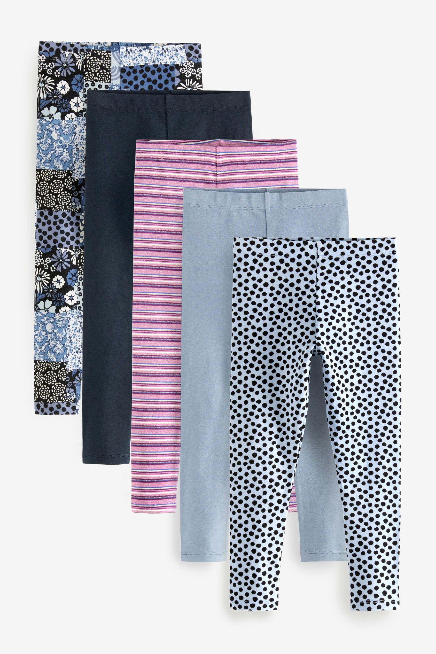 Blue Purple Floral Stripe Spot 5 Pack Leggings (3-16yrs)