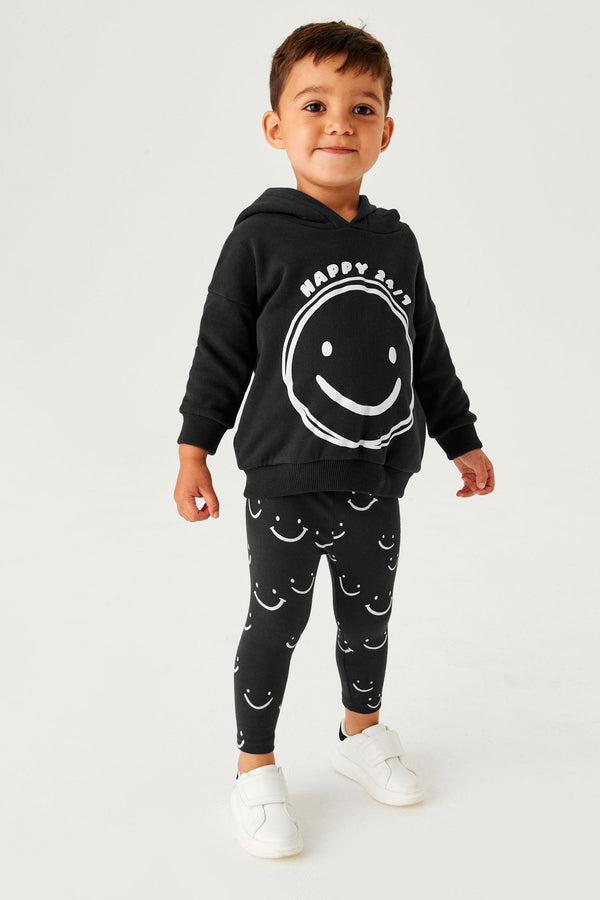 Black Smile All-Over Printed Hoodie And Leggings Set (3mths-7yrs)