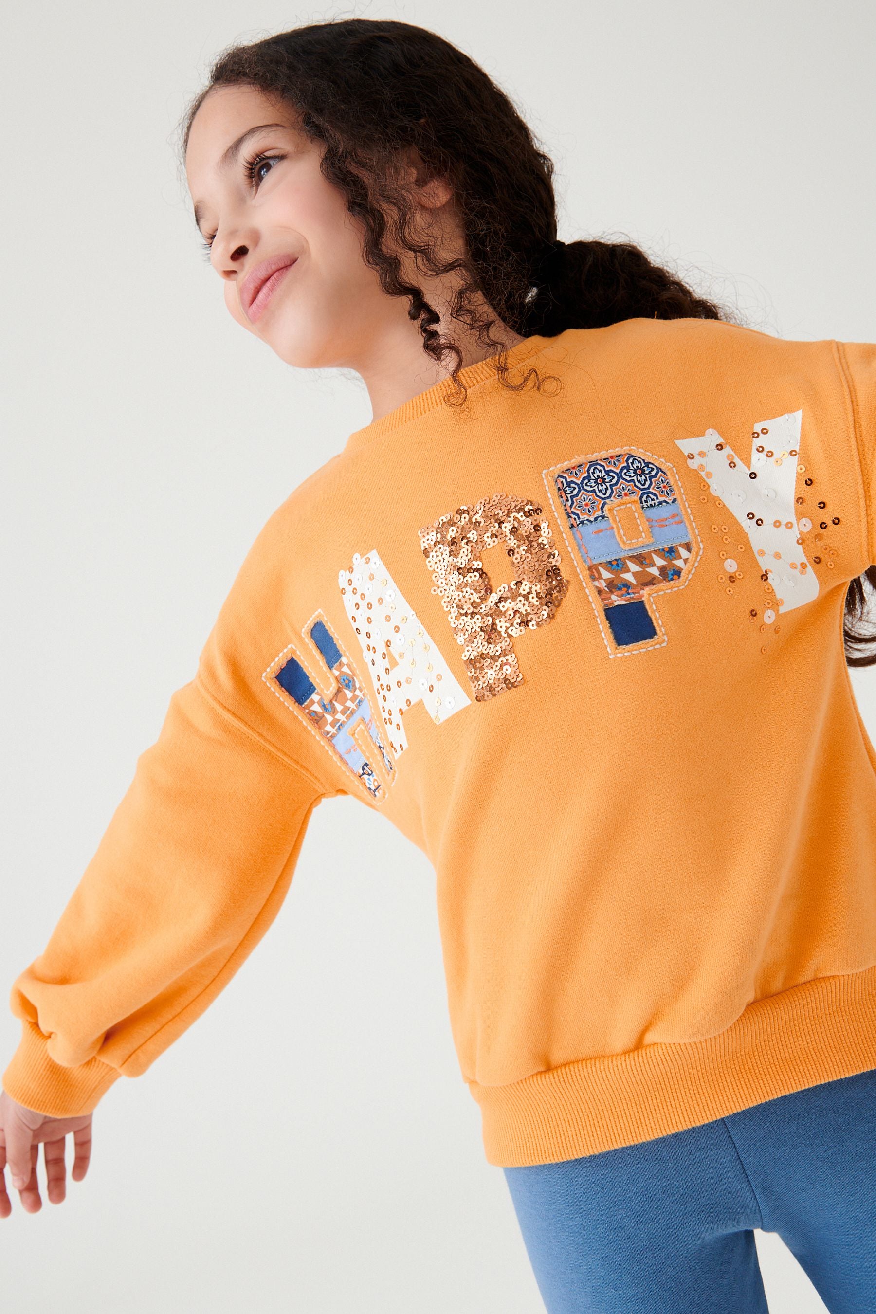 Yellow SEQUIN HAPPY Crew Sweatshirt Top (3-16yrs)