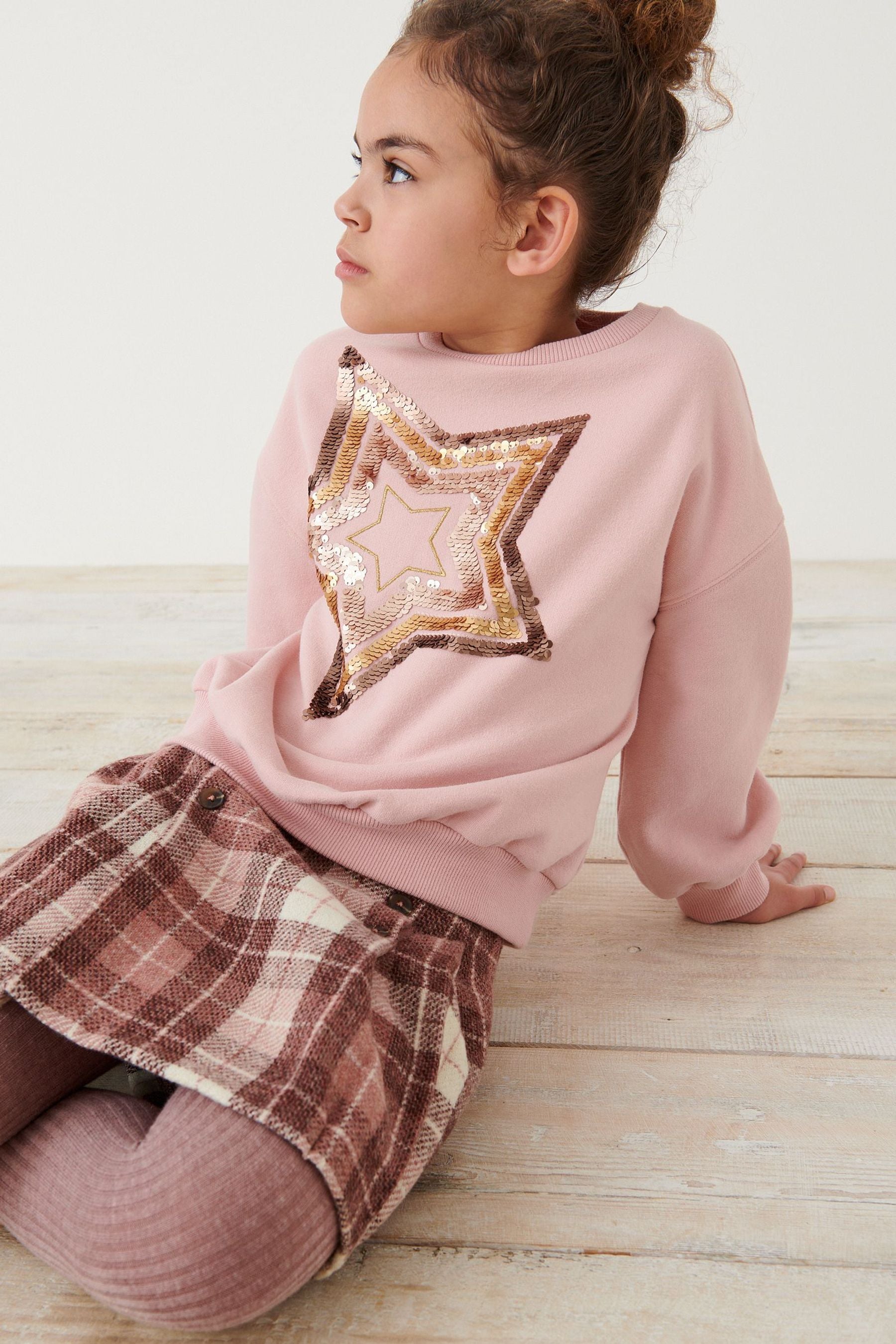 Pink Sequin Star Crew Sweatshirt Top (3-16yrs)