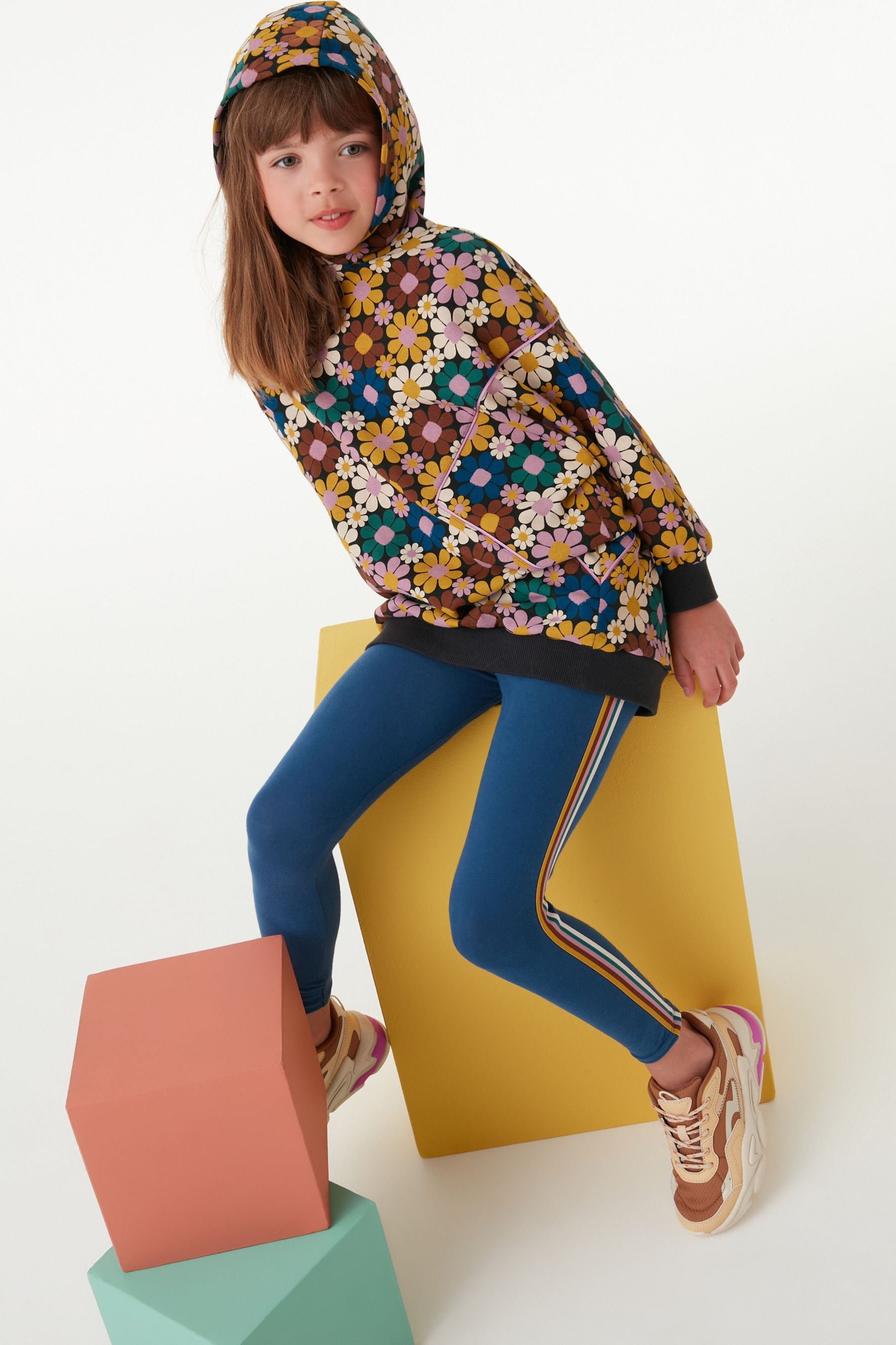 Blue/ Pink Retro Floral Print Hoodie And Leggings Set (3-16yrs)