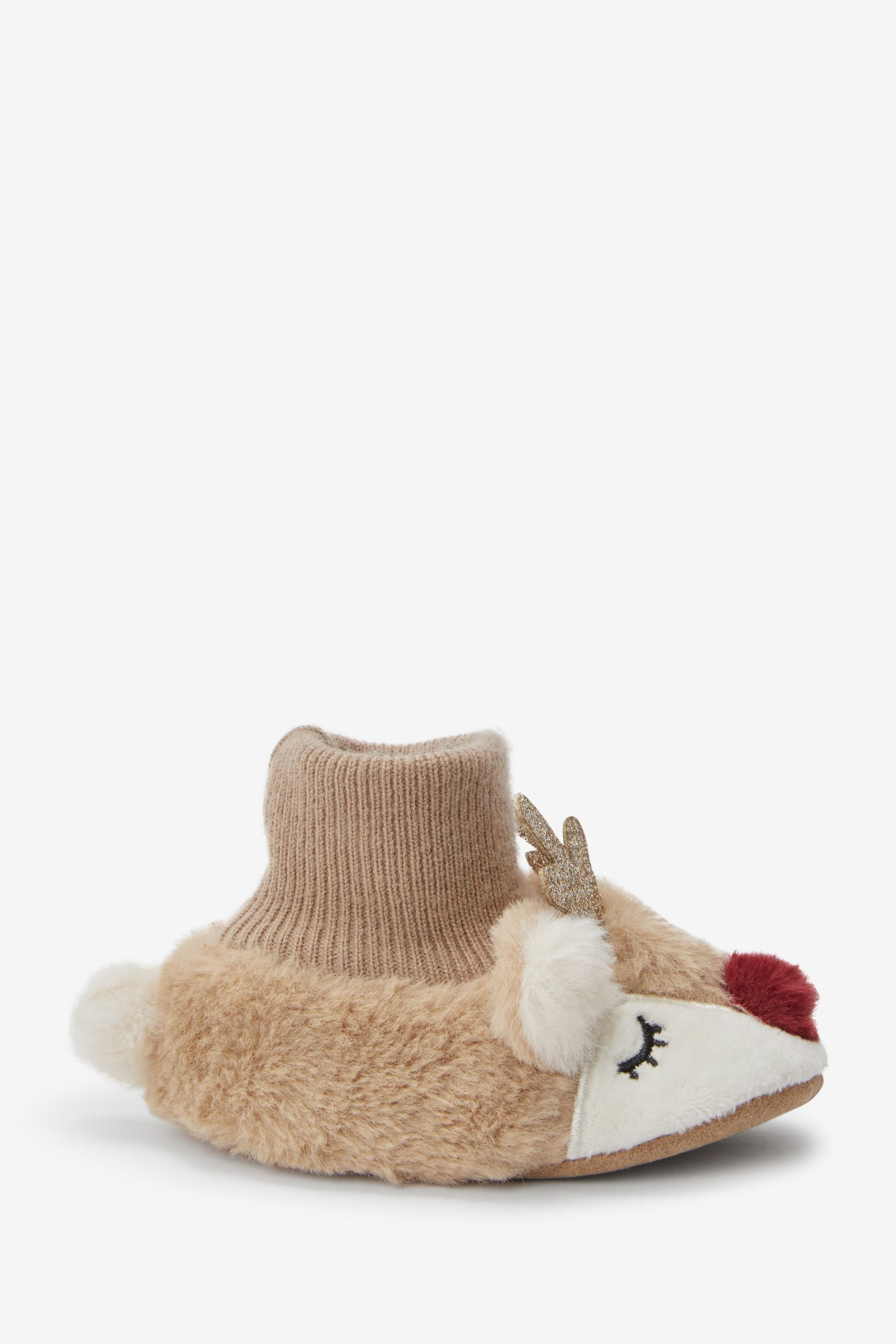 Tan Brown Reindeer Slip-On Baby Booties (0-18mths)