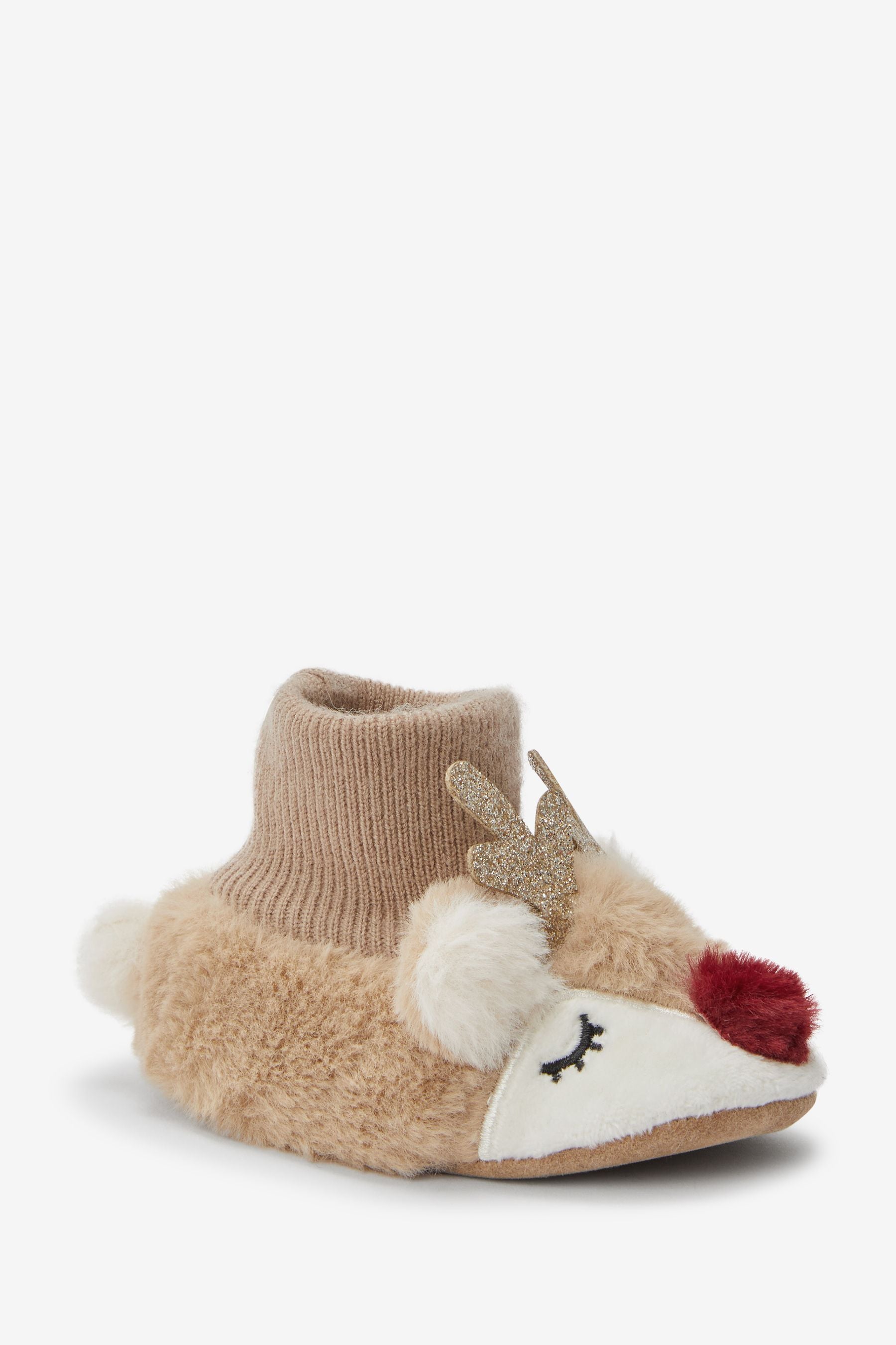 Tan Brown Reindeer Slip-On Baby Booties (0-18mths)