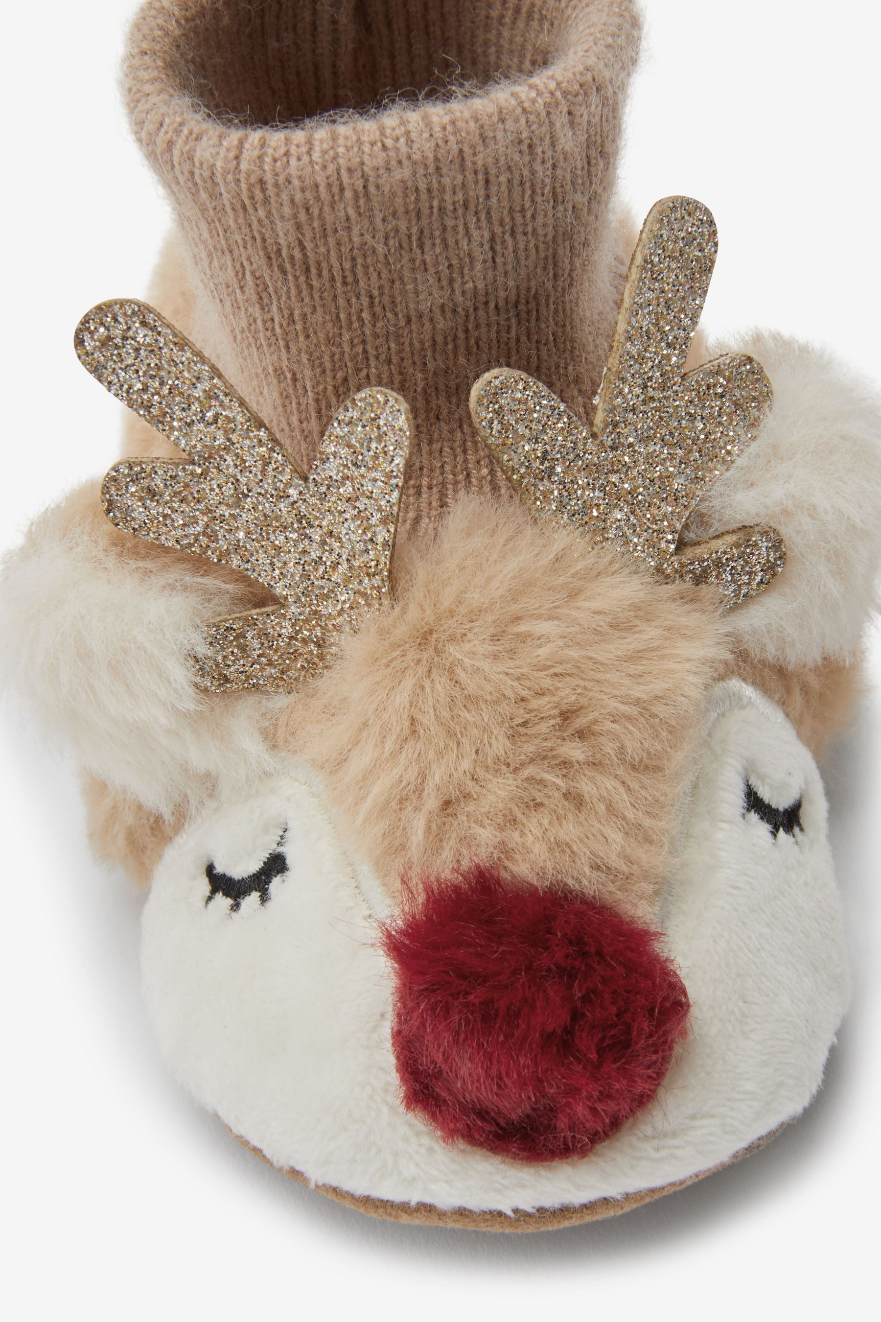 Tan Brown Reindeer Slip-On Baby Booties (0-18mths)