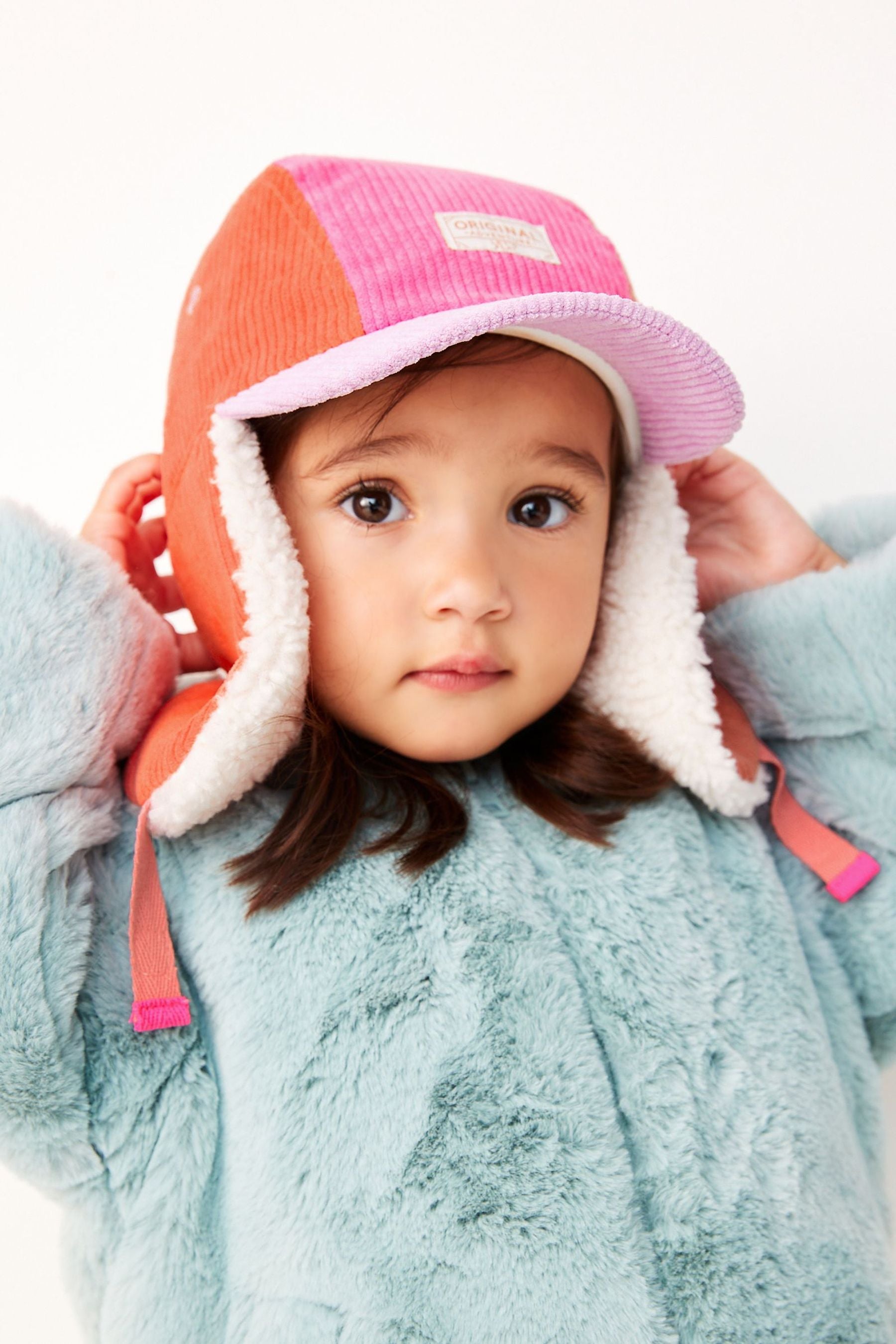 Pink/Orange Colourblock Cord Trapper Hat (3mths-10yrs)