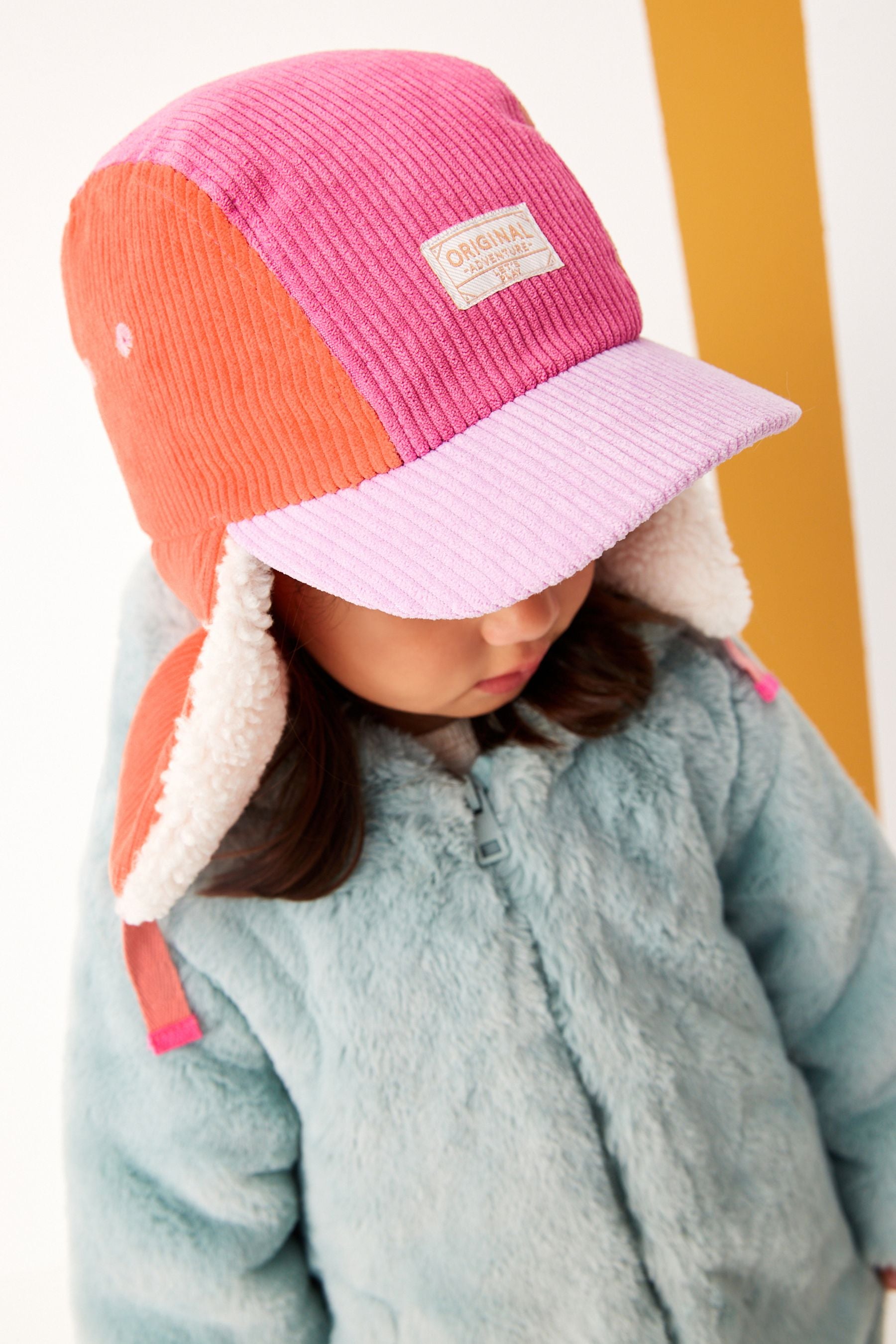 Pink/Orange Colourblock Cord Trapper Hat (3mths-10yrs)