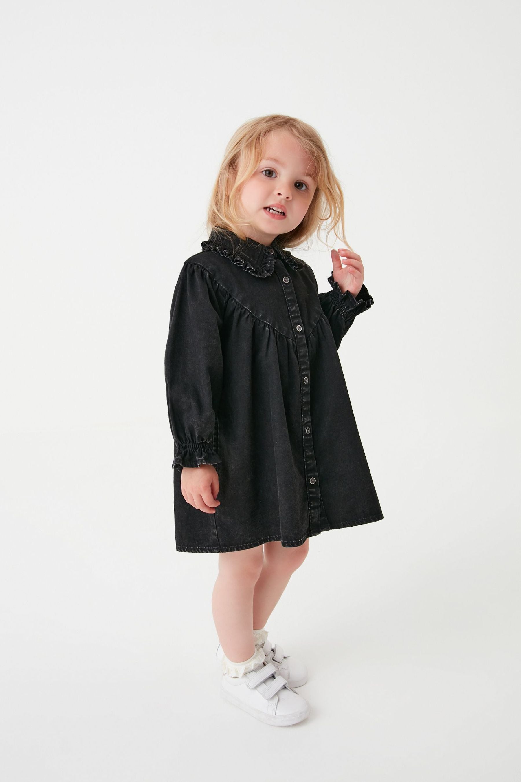 Black Denim Frill Collar Shirt Dress (3mths-8yrs)