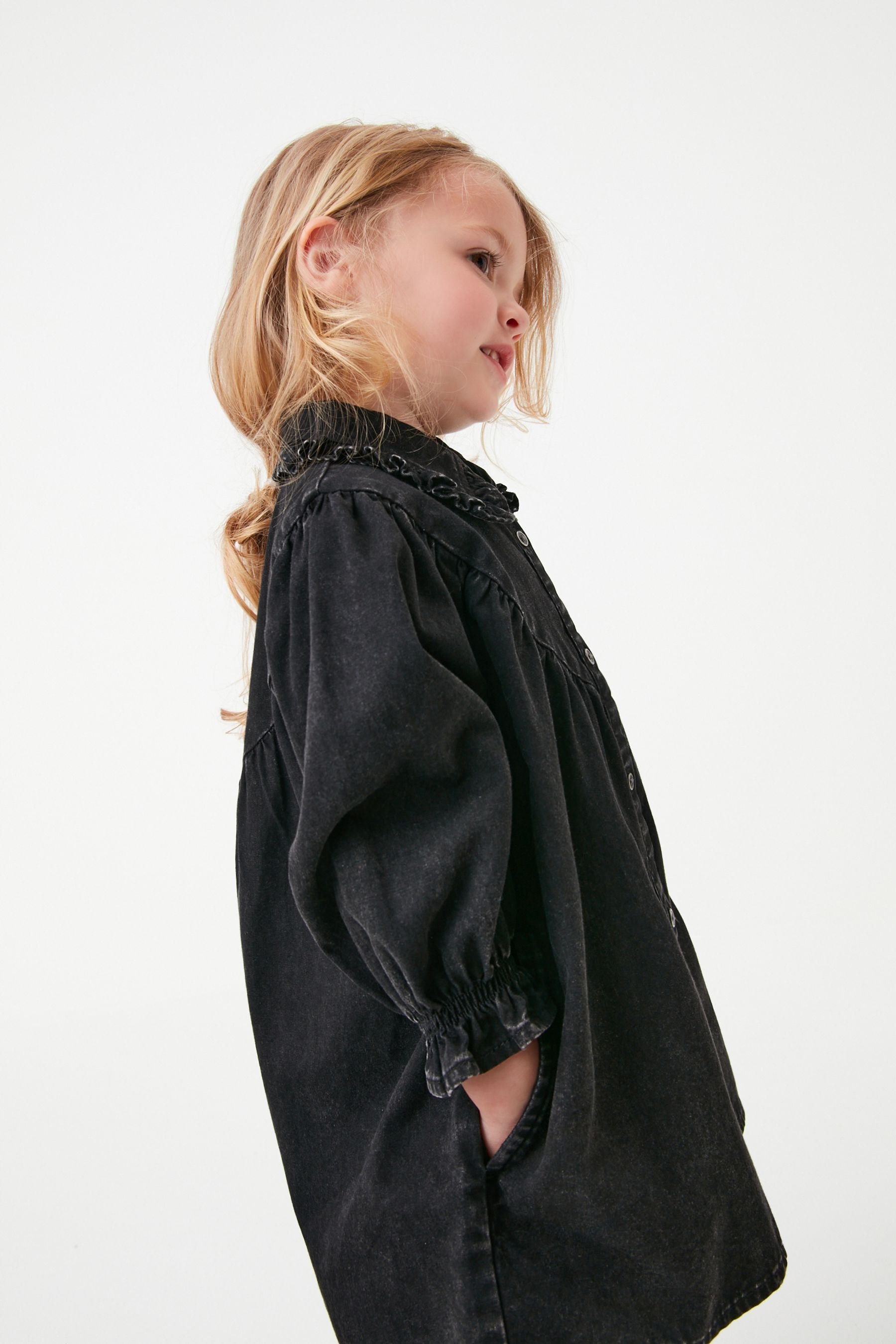 Black Denim Frill Collar Shirt Dress (3mths-8yrs)