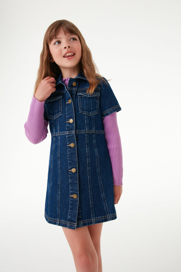 Dark Blue Fitted Denim Dress (3-16yrs)