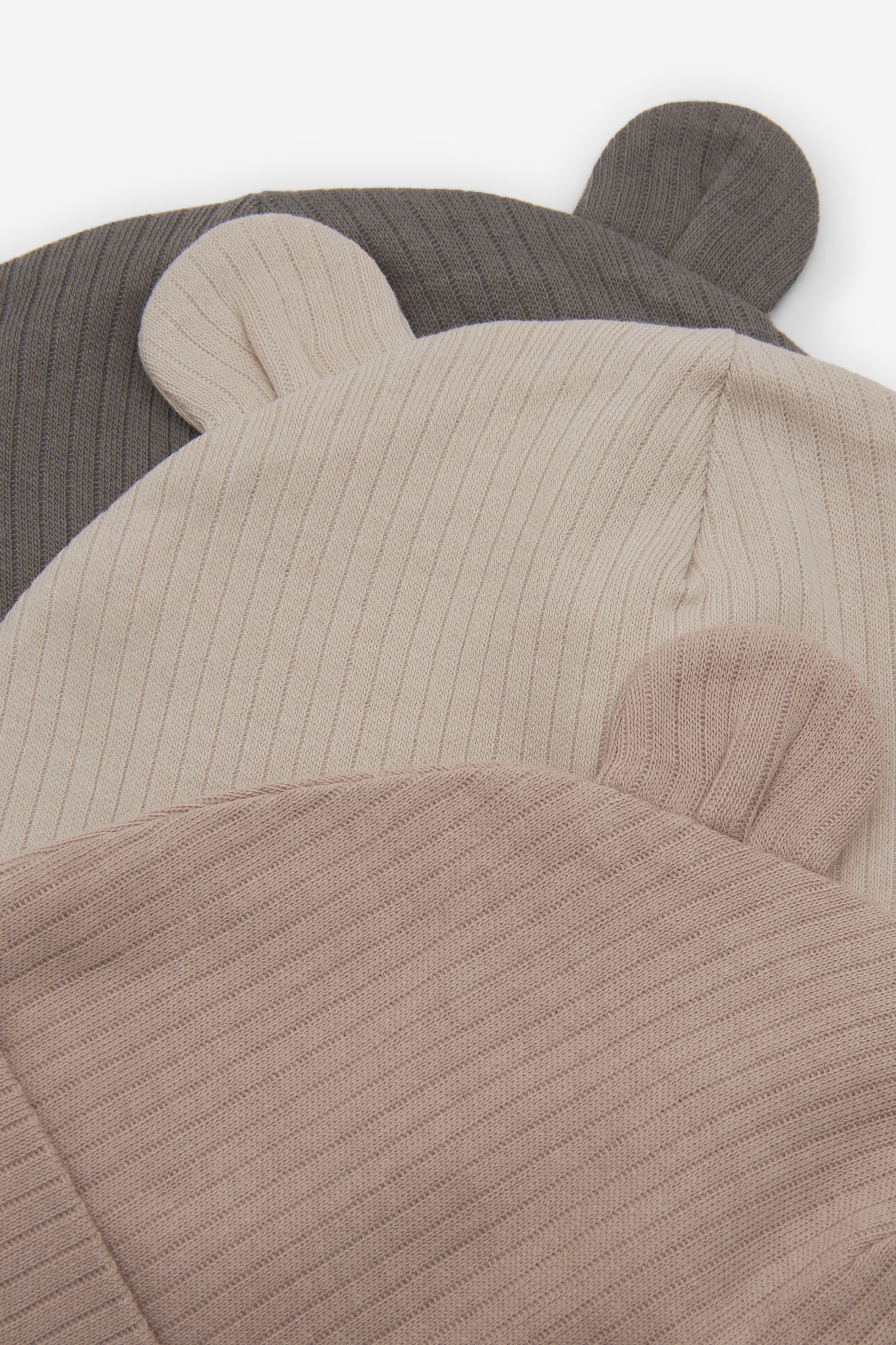 Neutral/Grey Rib 3 Pack Baby Bear Ear Beanie Hats (0-18mths)