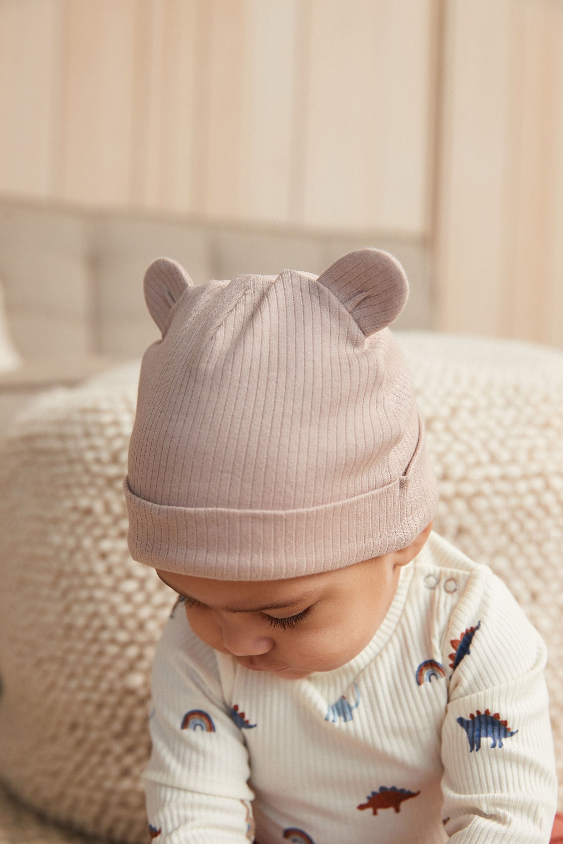 Neutral/Grey Rib 3 Pack Baby Bear Ear Beanie Hats (0-18mths)