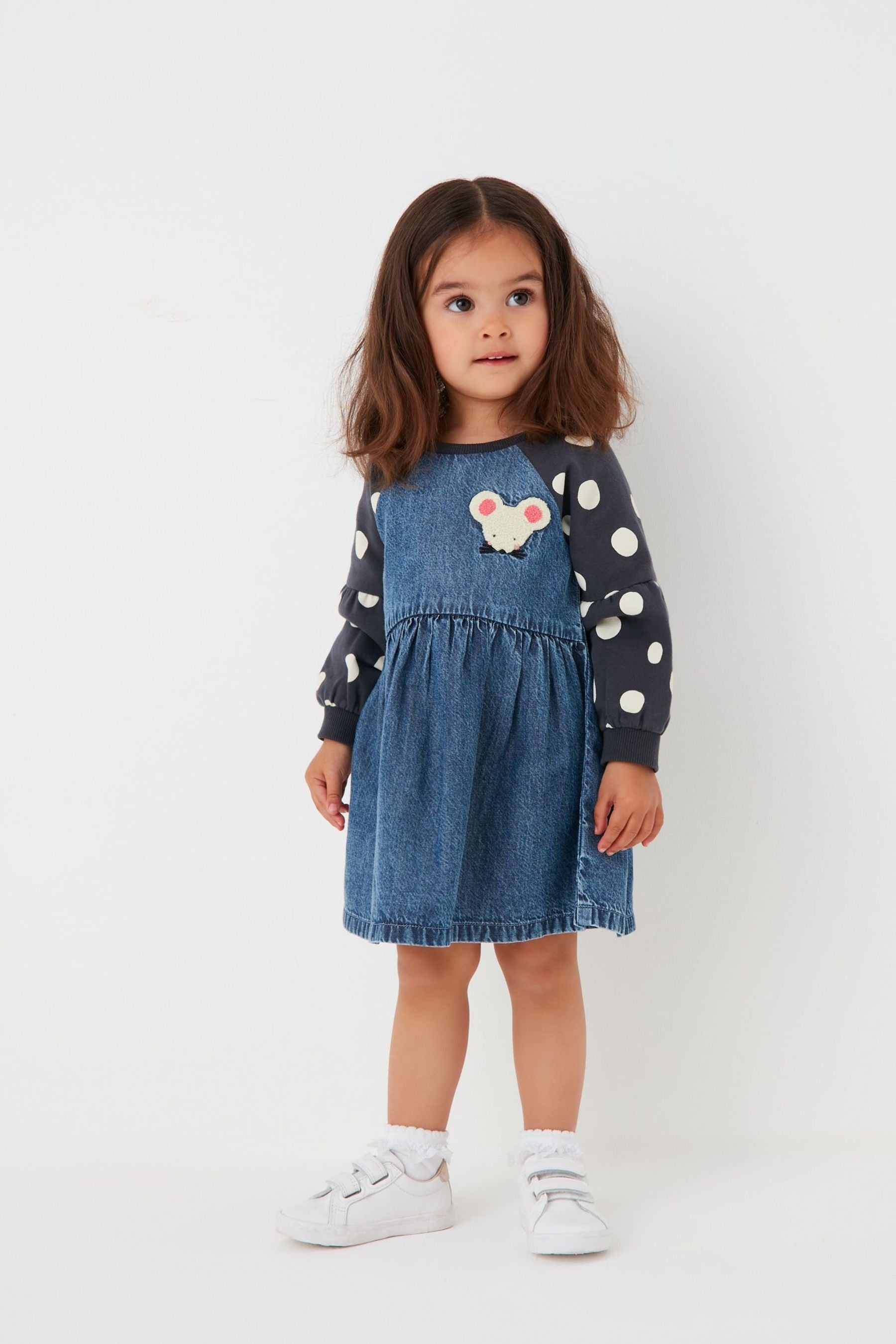 Blue Denim Mouse Embroidered Raglan Dress (3mths-7yrs)