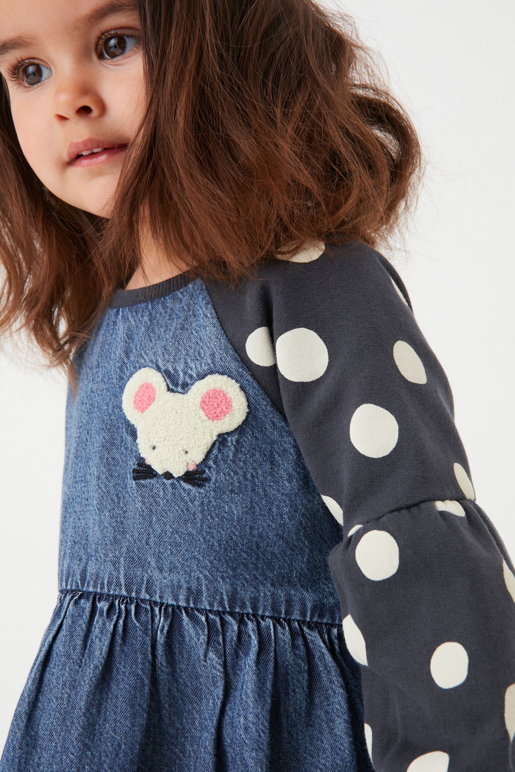 Blue Denim Mouse Embroidered Raglan Dress (3mths-7yrs)