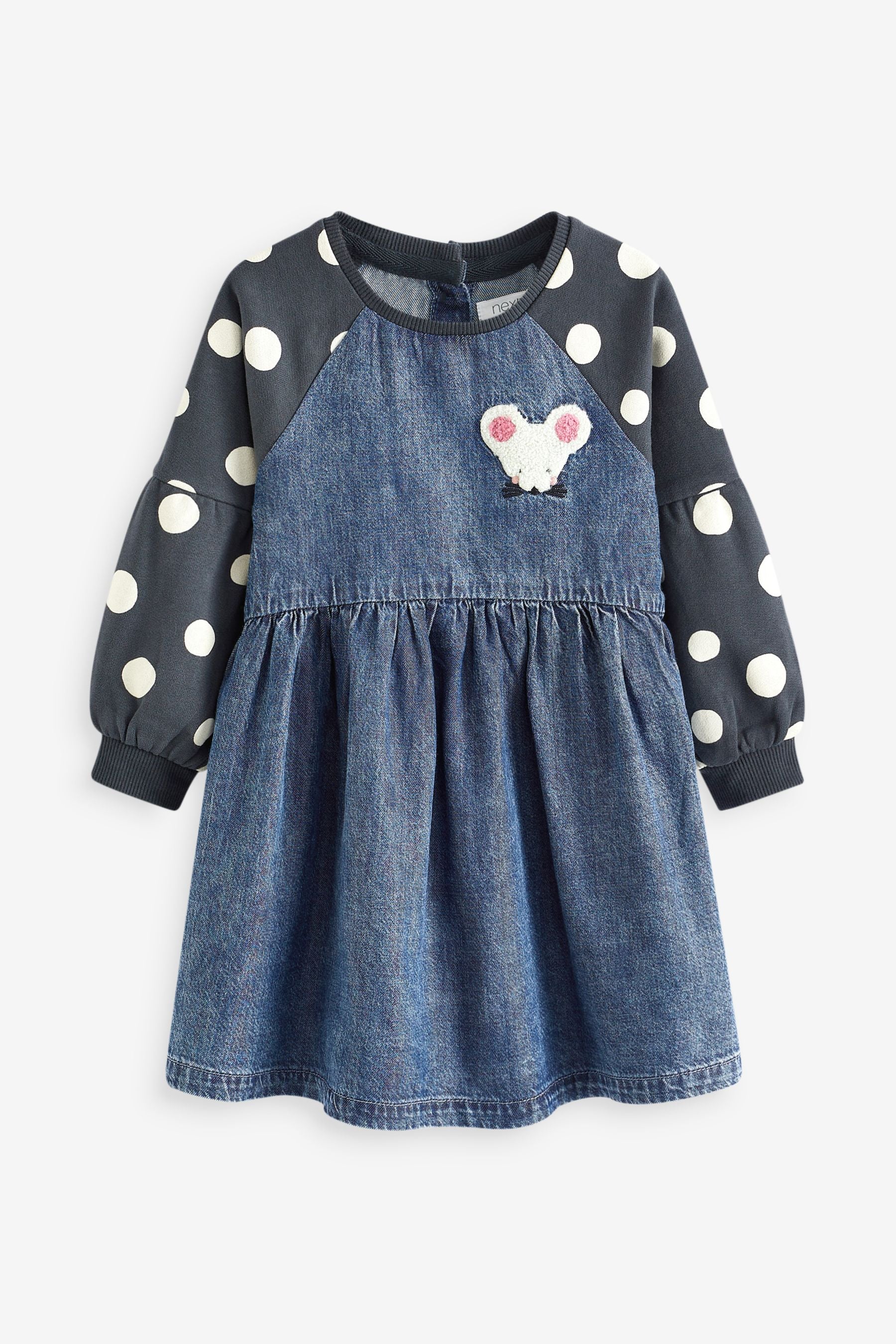 Blue Denim Mouse Embroidered Raglan Dress (3mths-7yrs)