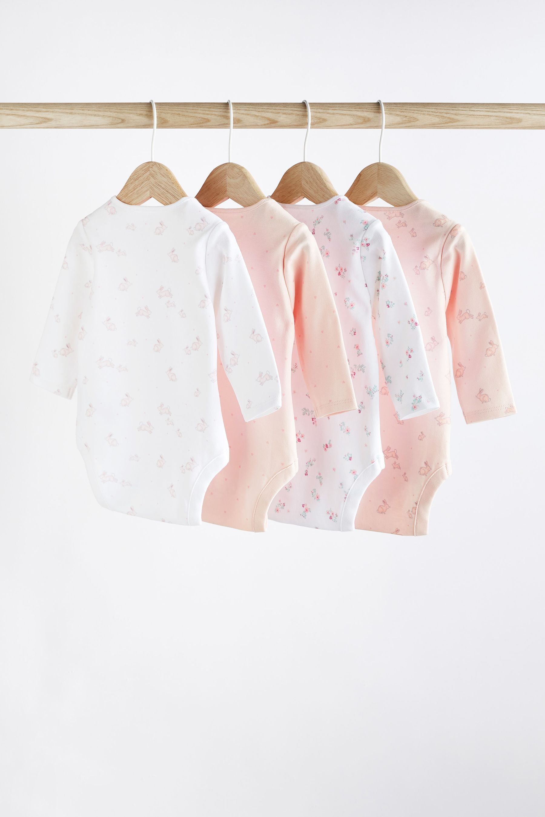 Pink/White Bunny 4 Pack Baby Long Sleeve Bodysuits