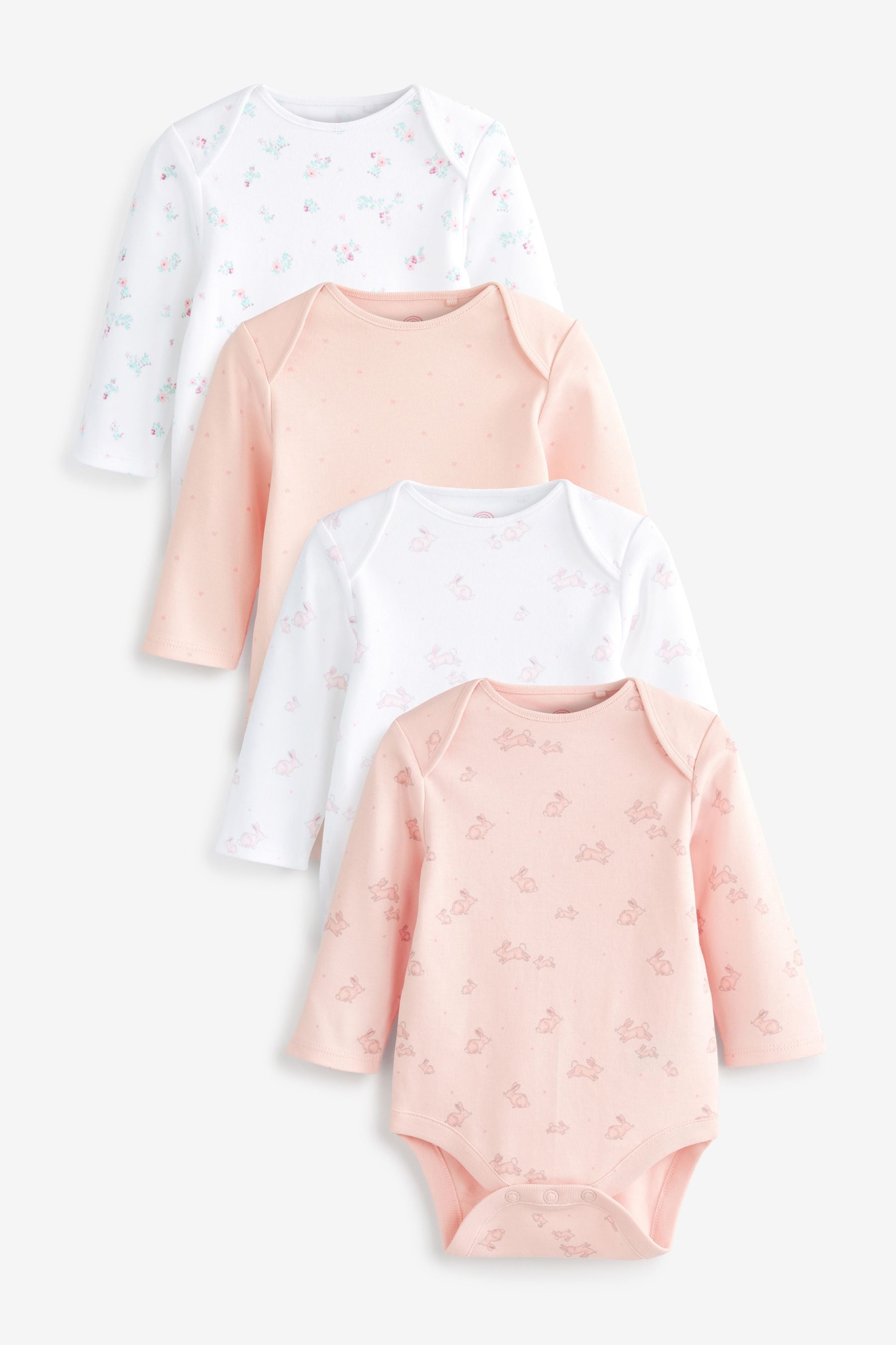 Pink/White Bunny 4 Pack Baby Long Sleeve Bodysuits