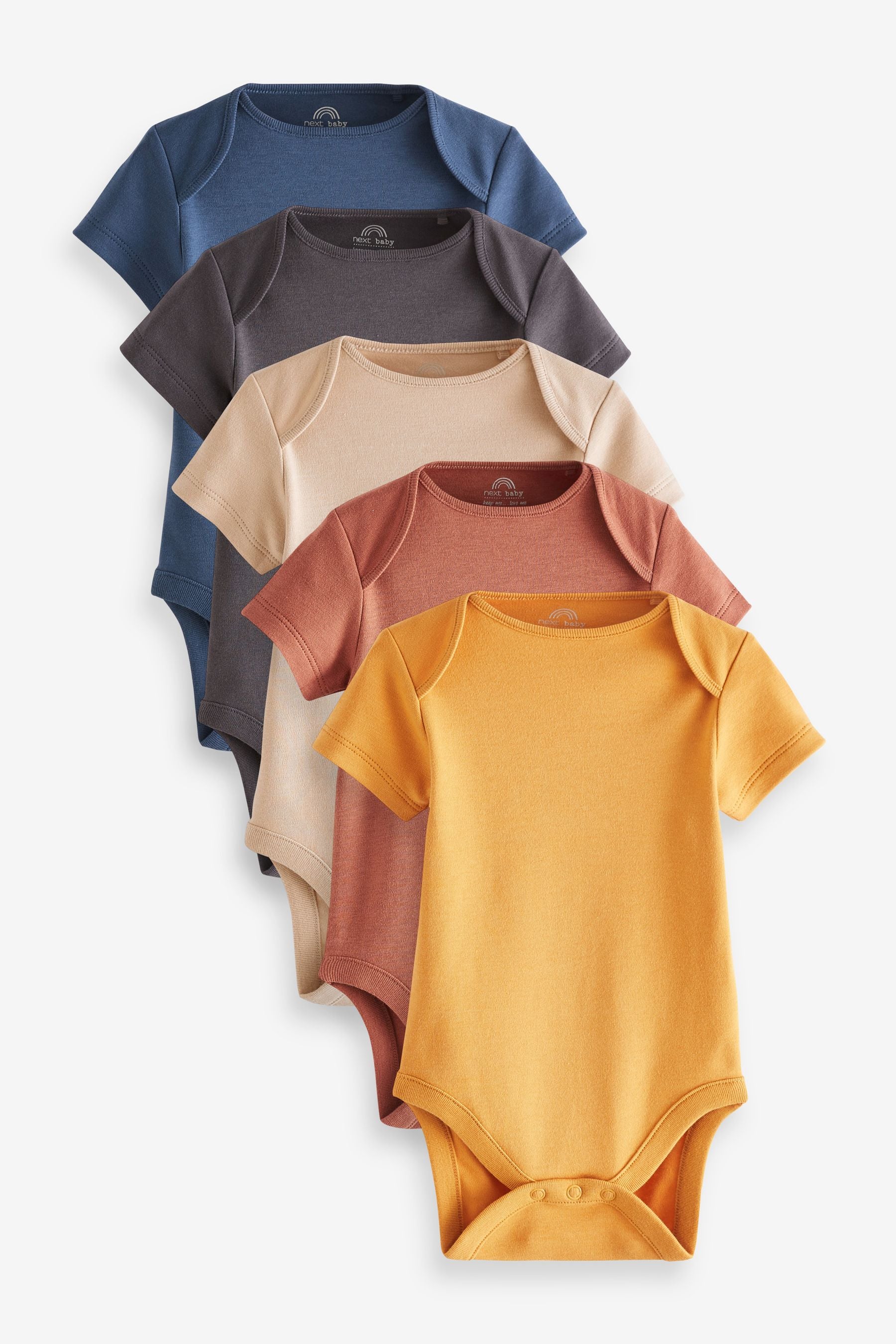 Ochre Yellow/Navy Blue 5 Pack Short Sleeve Baby Bodysuits