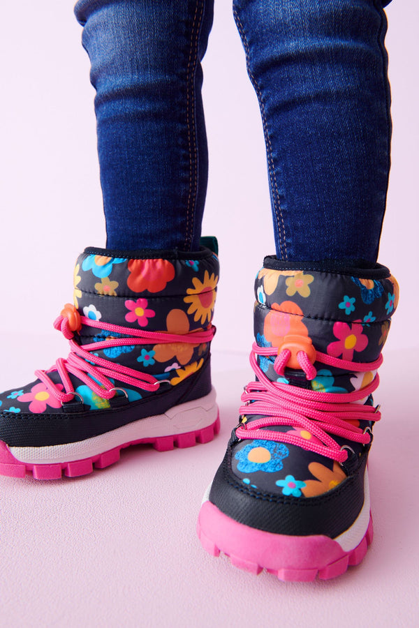 Navy Blue Floral Water Resistant Warm Lined Snow Boots