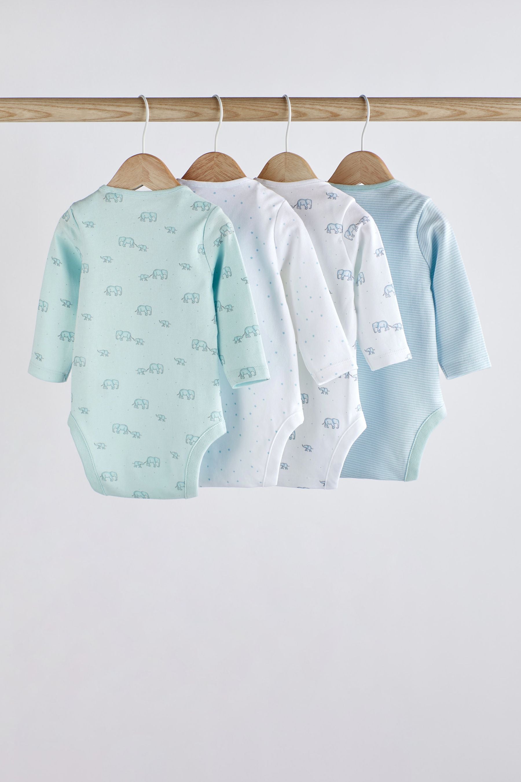 Blue/White Elephant 4 Pack Baby Long Sleeve Bodysuits