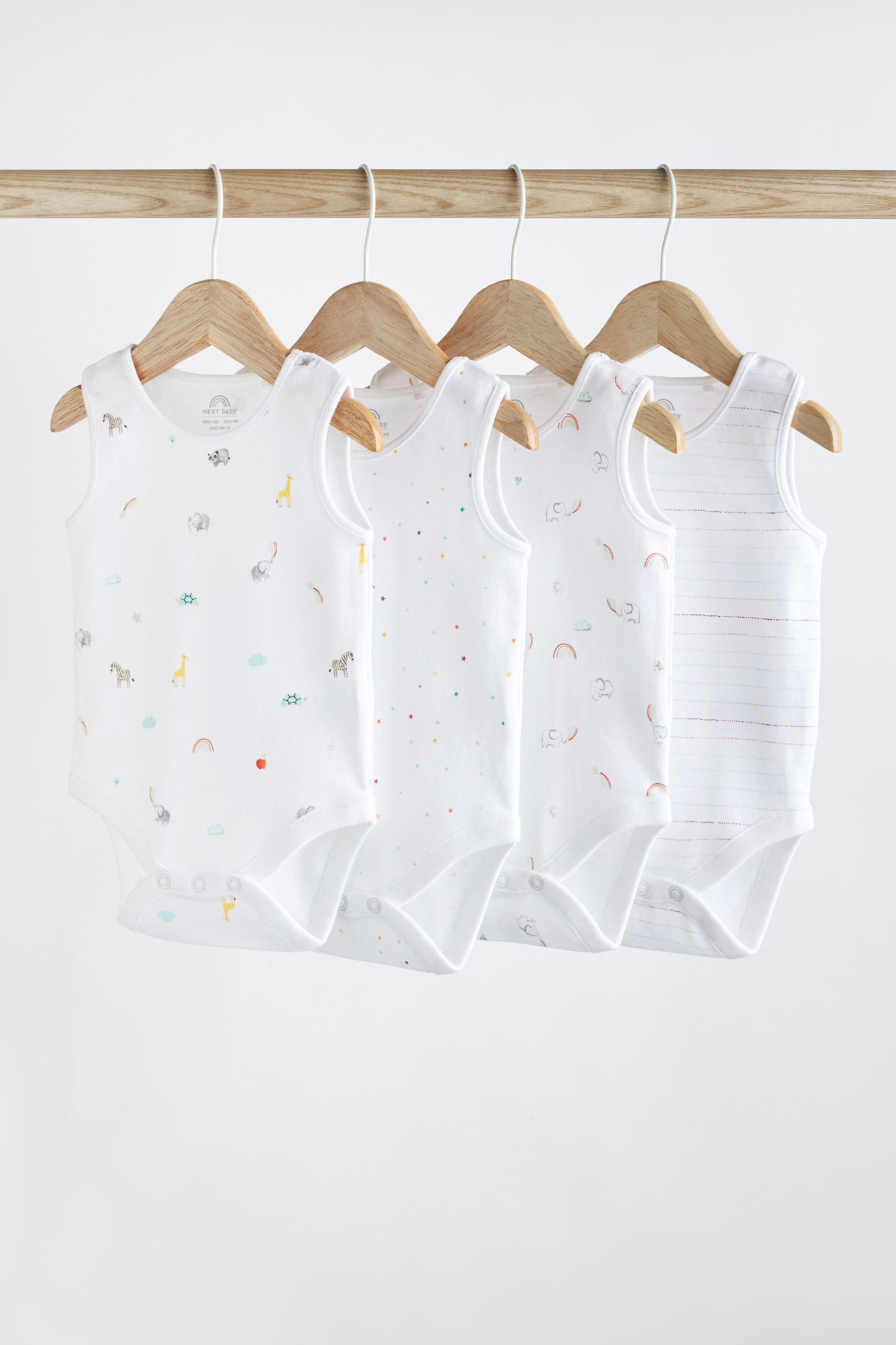 White Bright Animal 4 Pack Baby Vest Bodysuits