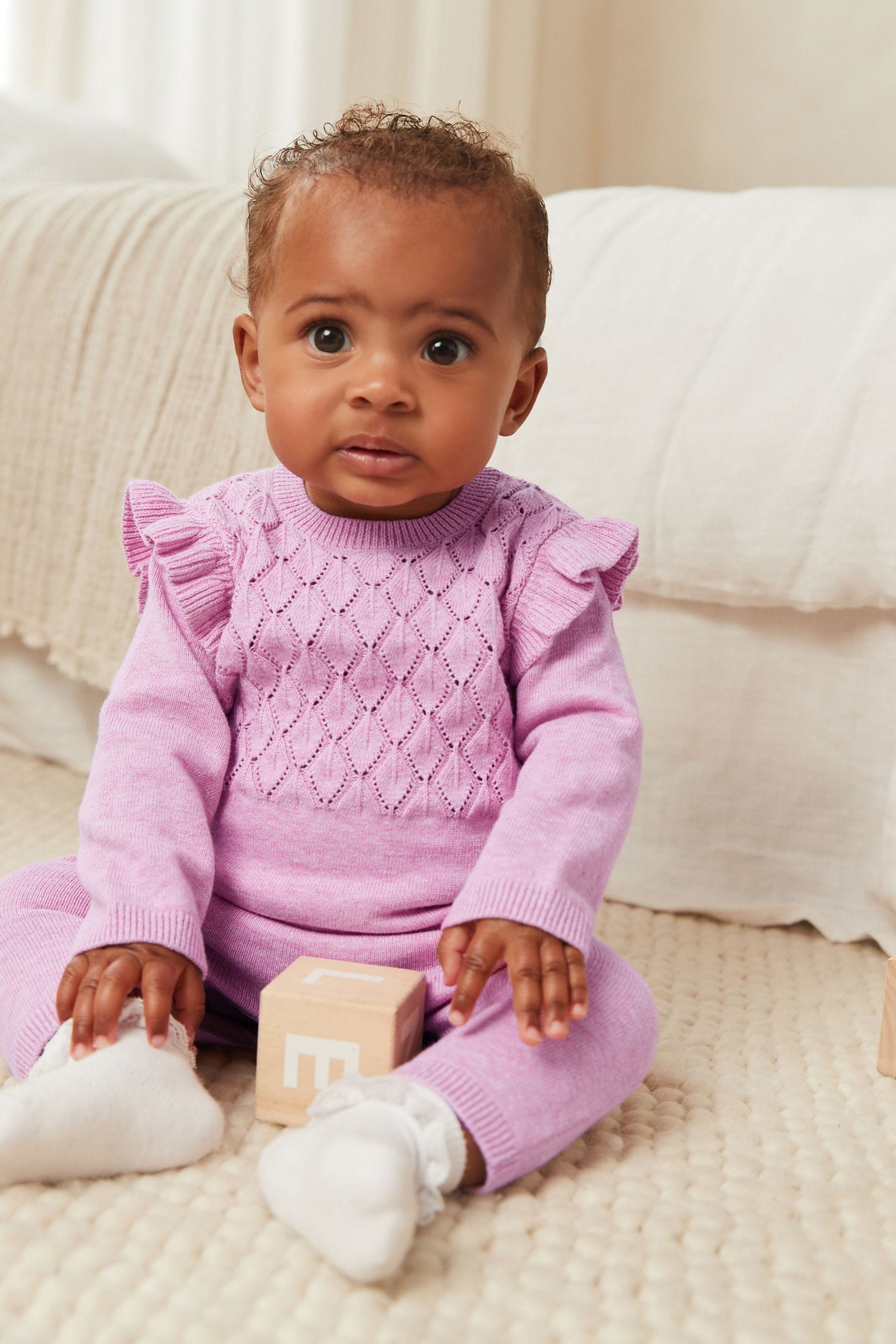 Purple Marl Pointelle Frill Knitted Baby Romper (0mths-2yrs)