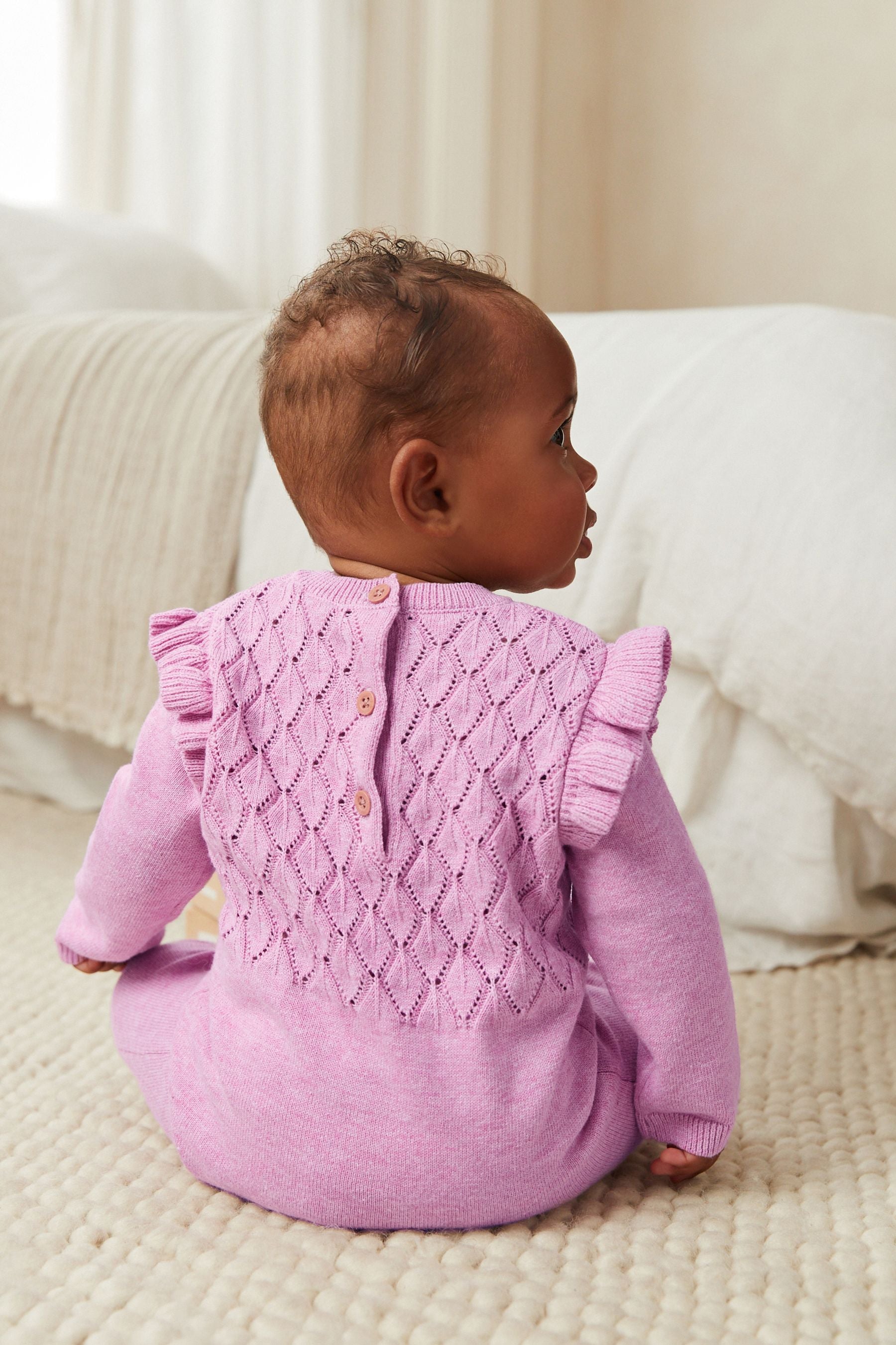 Purple Marl Pointelle Frill Knitted Baby Romper (0mths-2yrs)