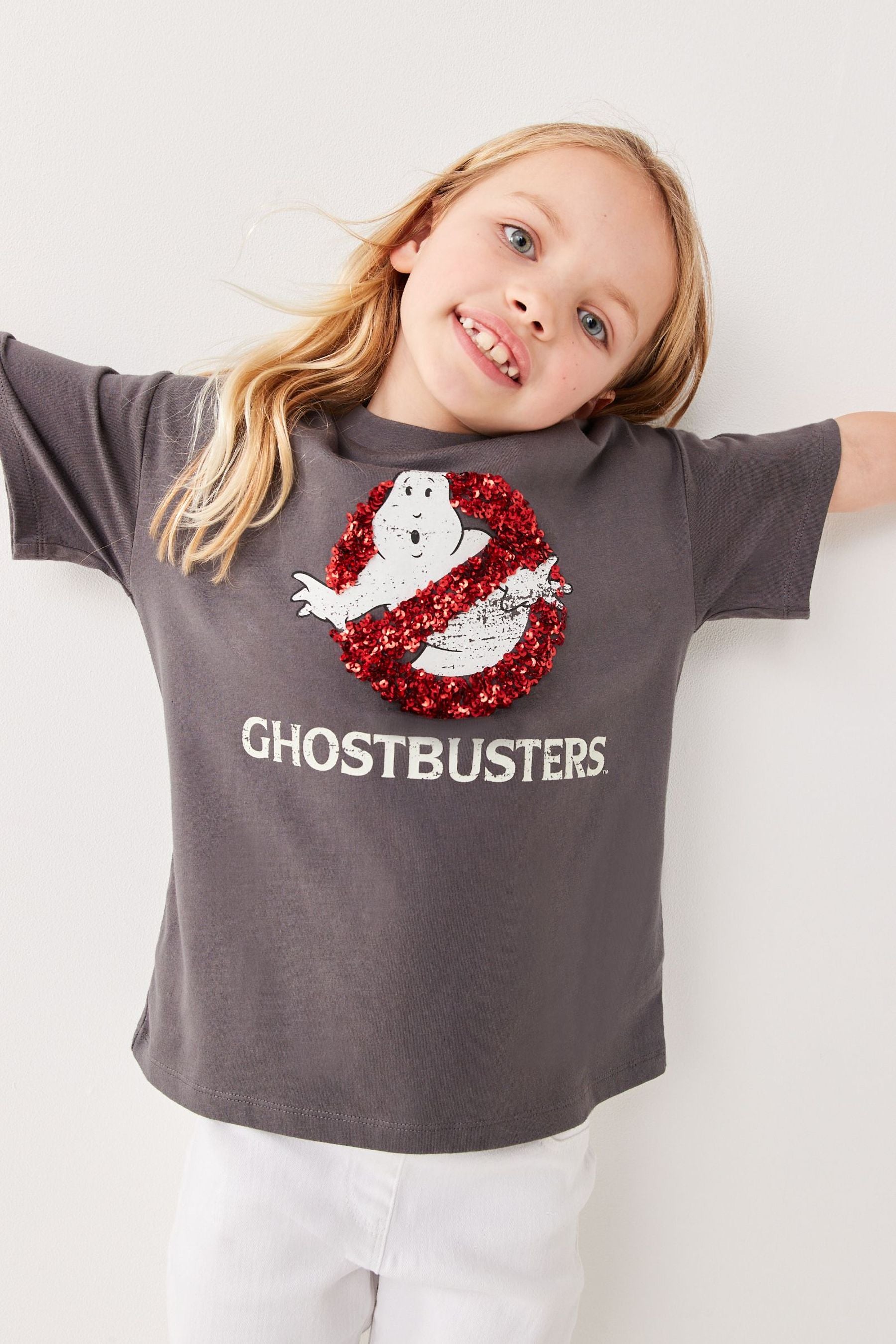 Charcoal Grey Ghostbusters Sequin Oversized T-Shirt (3-16yrs)