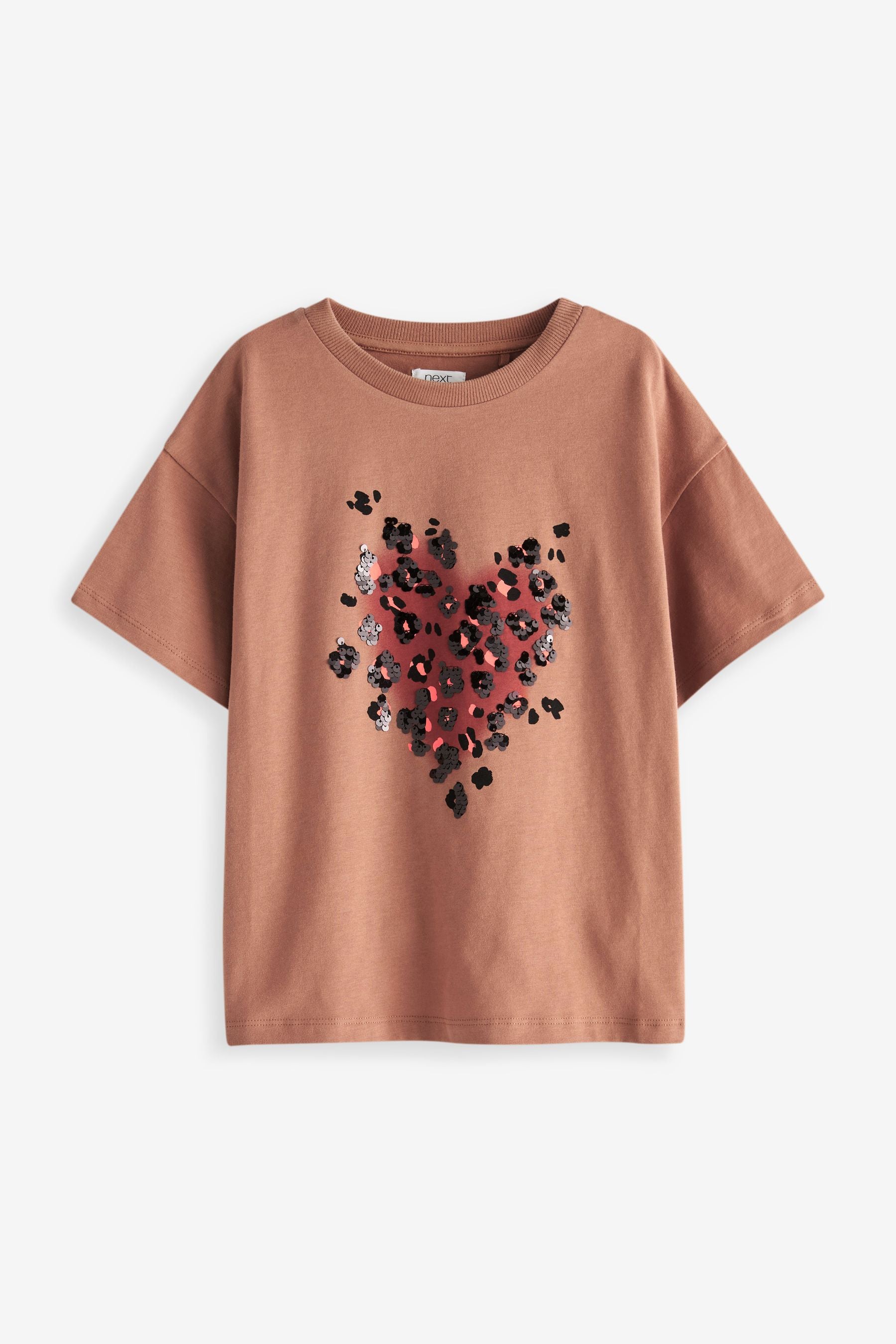 Rust Brown Animal Sequin Heart T-Shirt (3-16yrs)