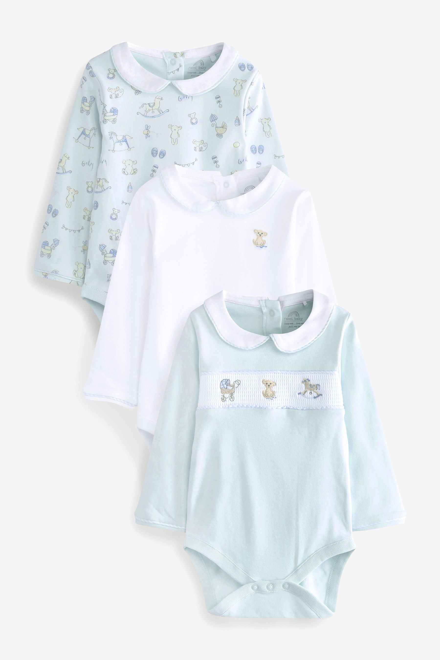 Mint Blue and White Baby Bear Long Sleeved Bodysuits 3 Pack