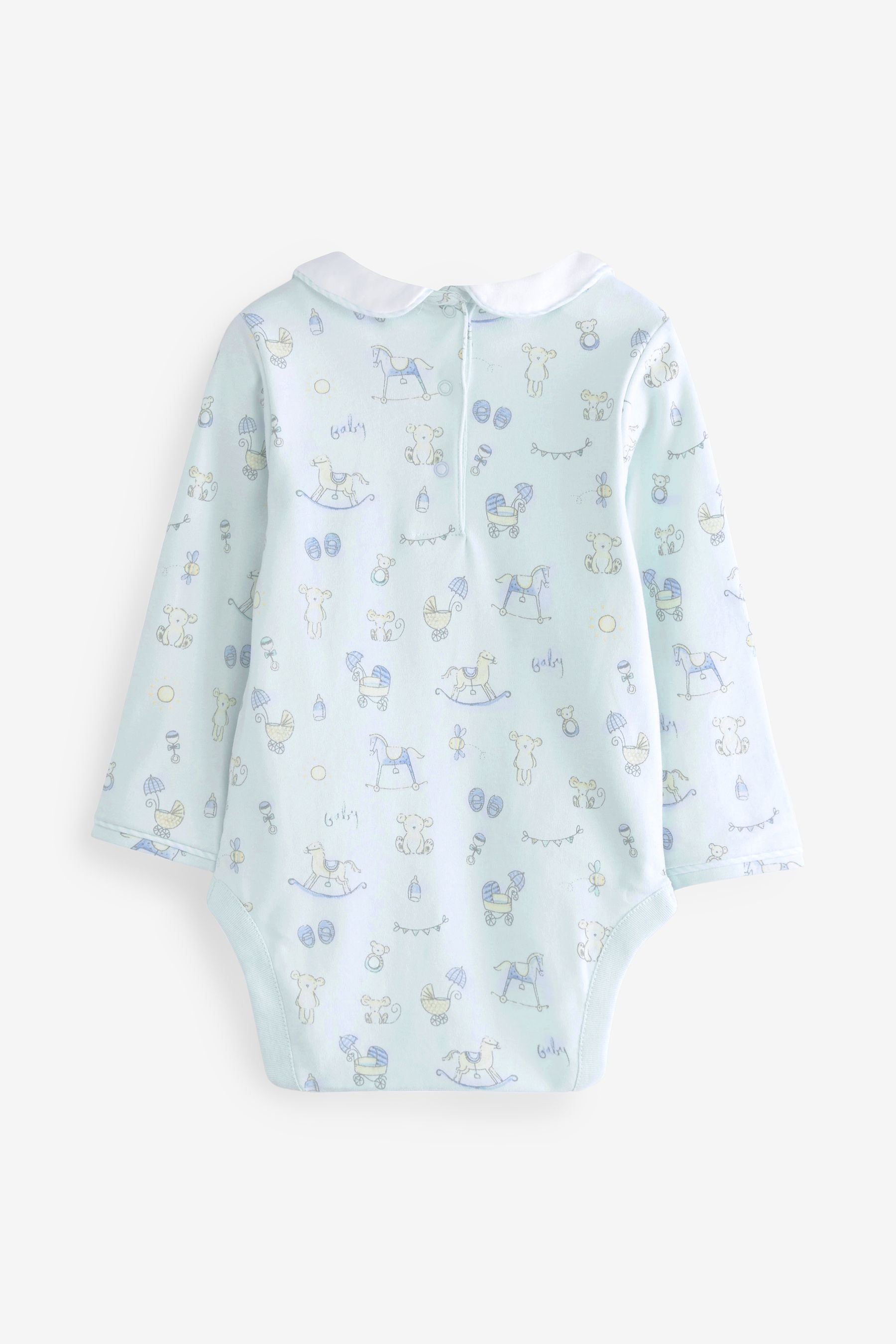 Mint Blue and White Baby Bear Long Sleeved Bodysuits 3 Pack