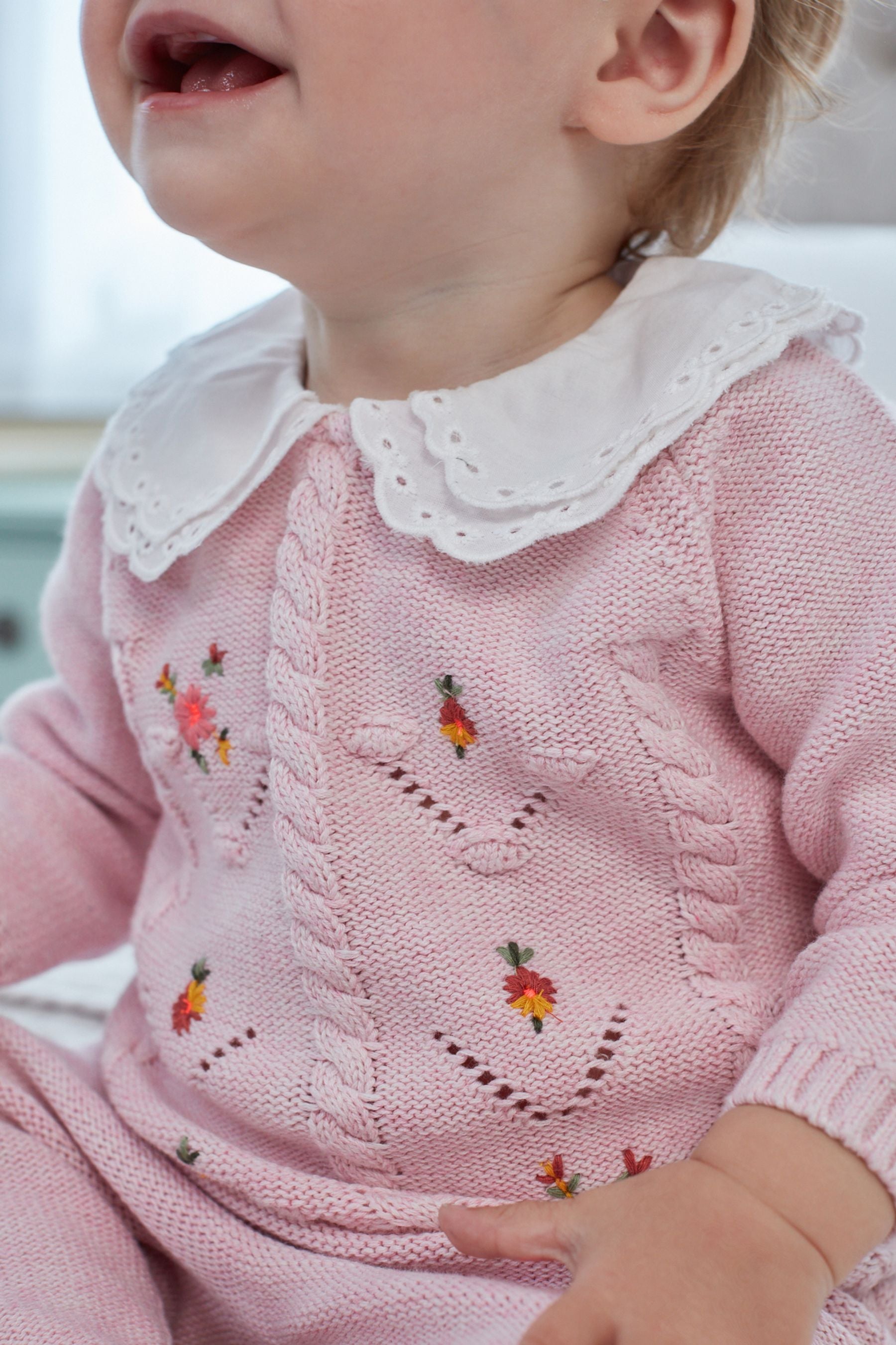 Pink Collared Knitted Baby Set With Flower Embroidery (0mths-2yrs)