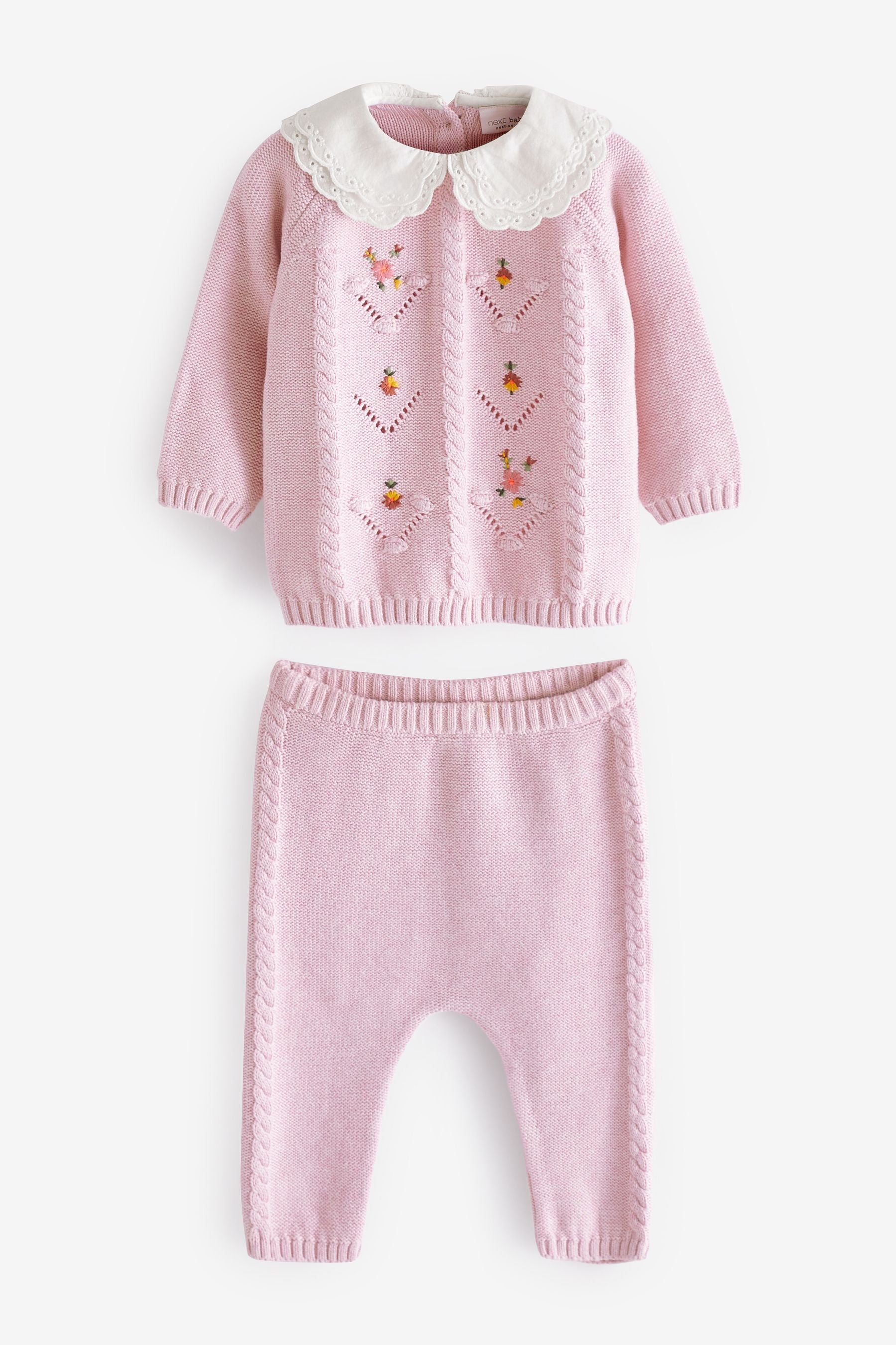 Pink Collared Knitted Baby Set With Flower Embroidery (0mths-2yrs)