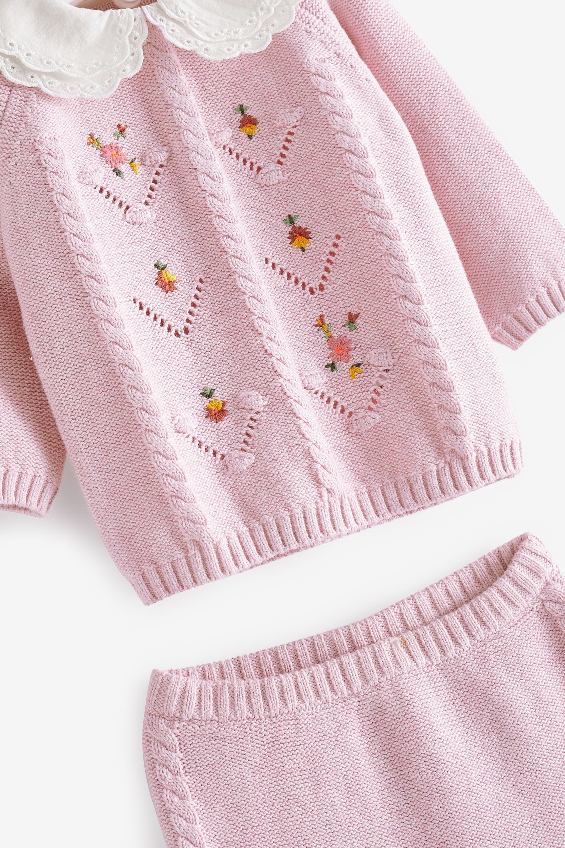 Pink Collared Knitted Baby Set With Flower Embroidery (0mths-2yrs)