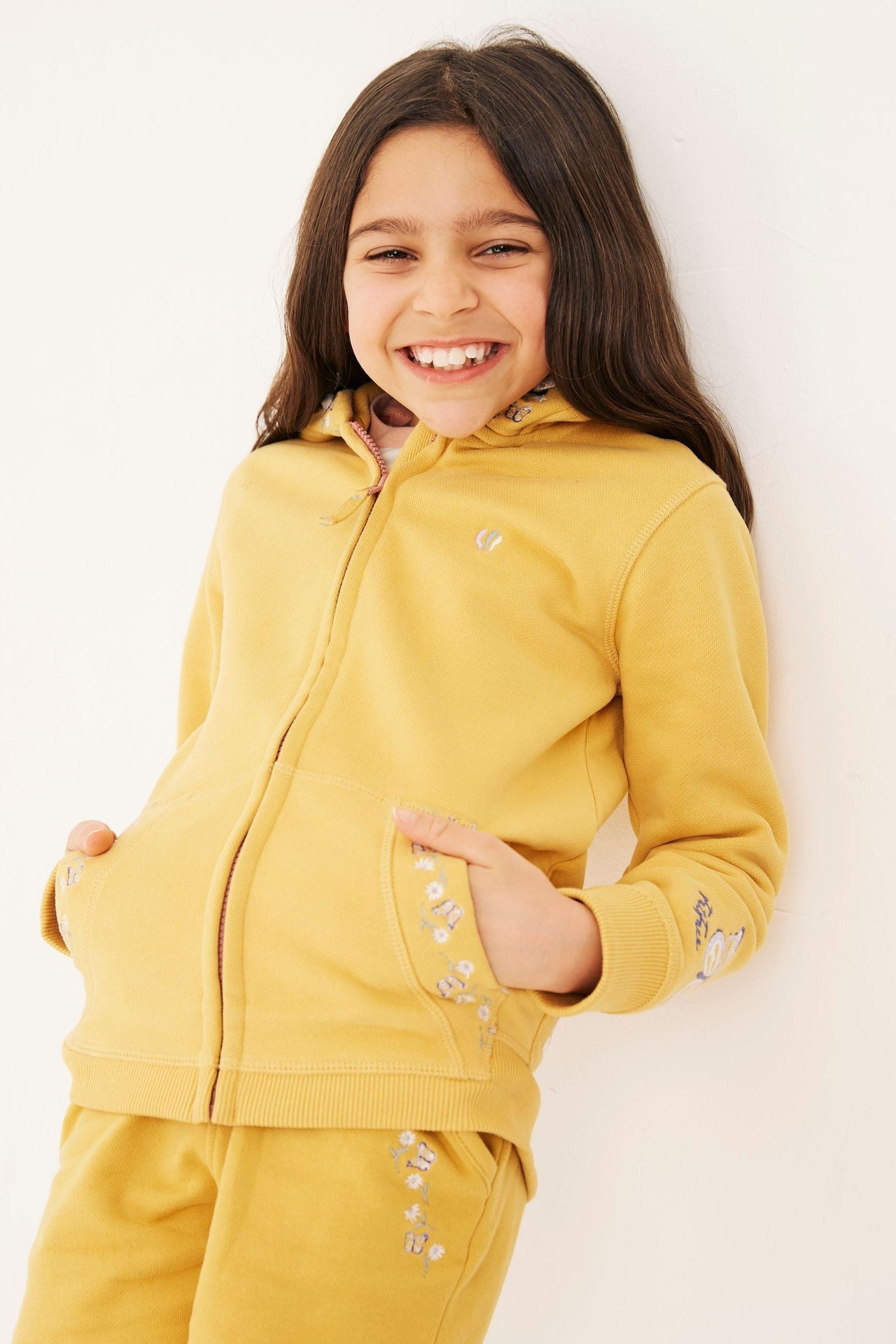 FatFace Girls Yellow Floral Butterfly Embroidered Hoodie