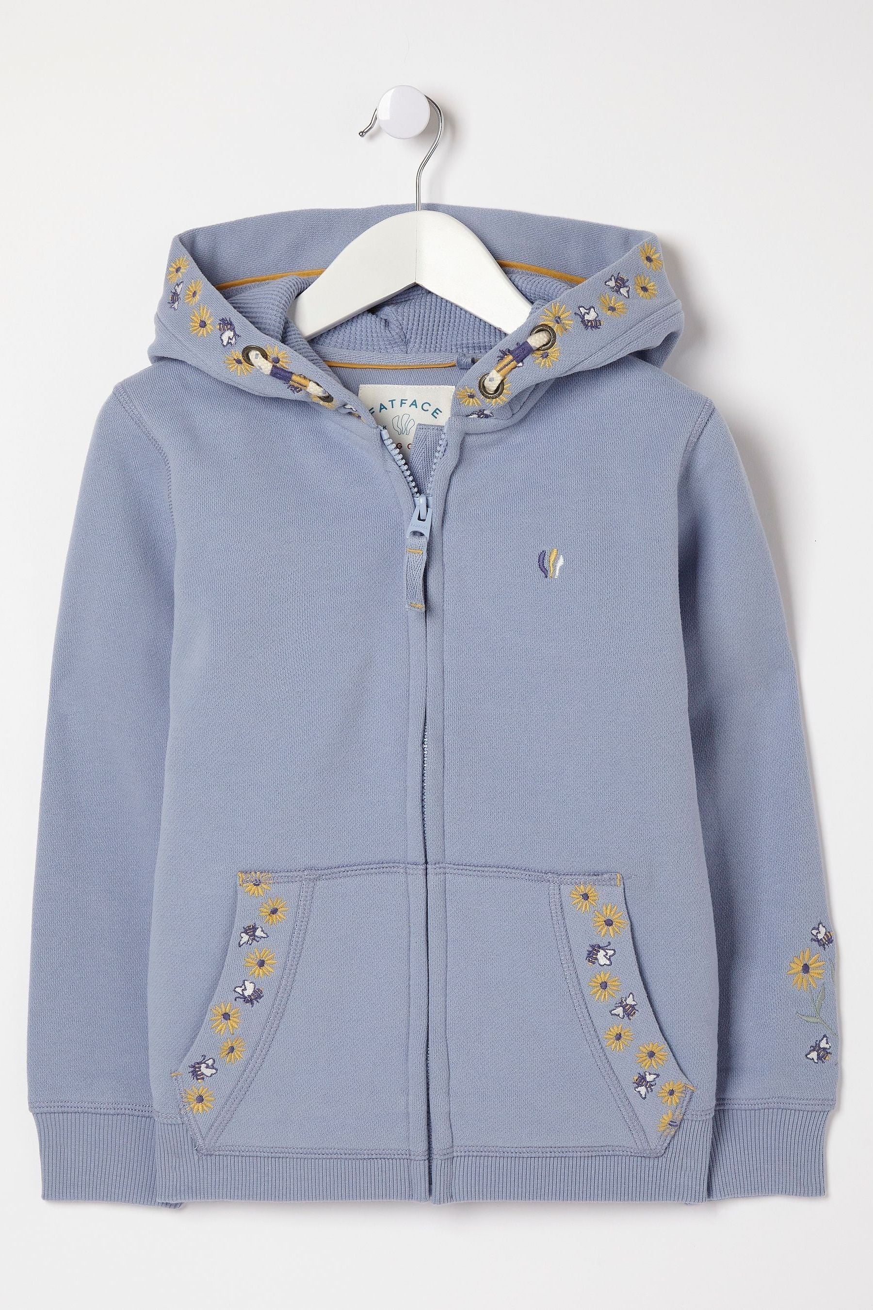 FatFace Blue Floral Bee Embroidered Hoodie