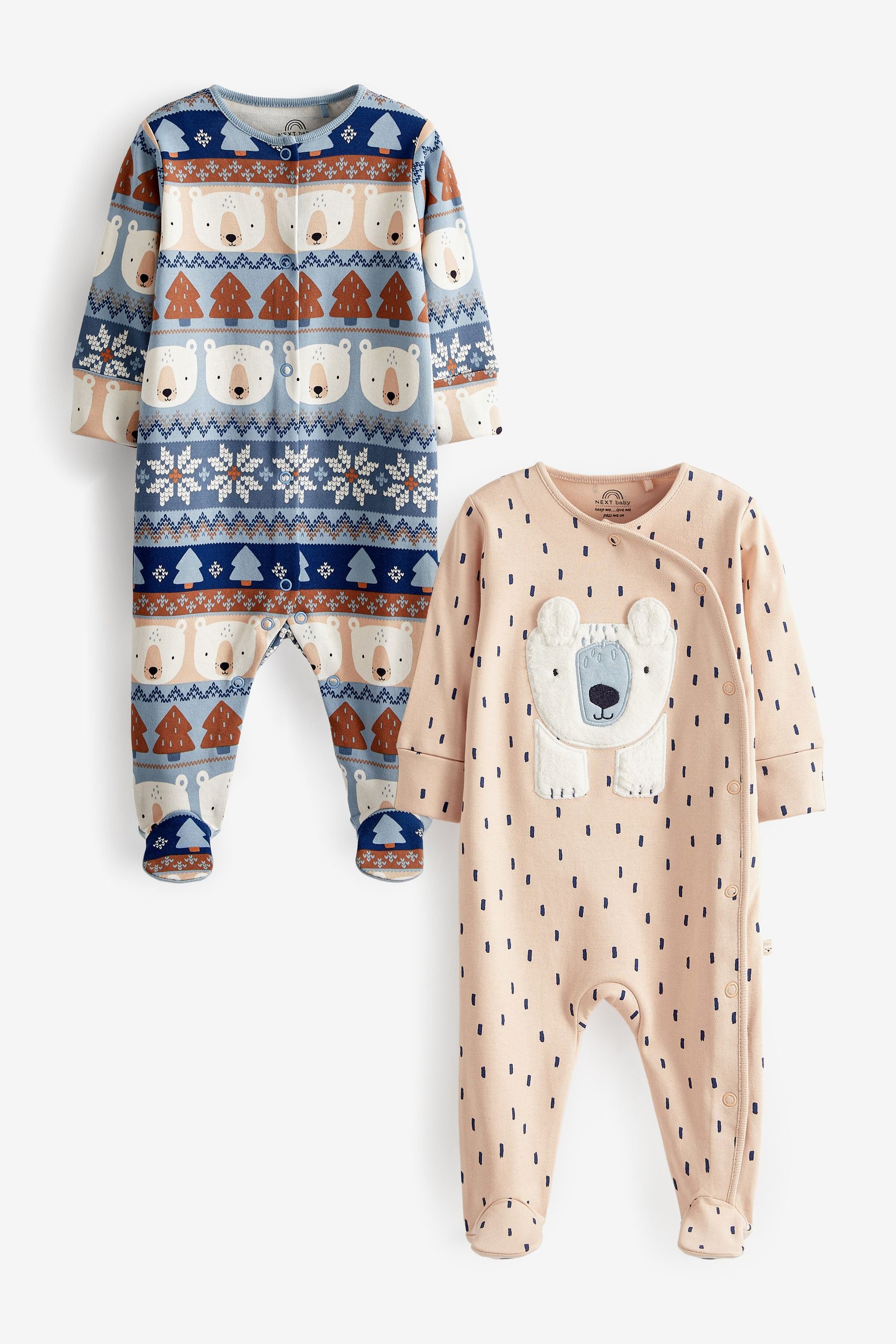 Blue/Tan Polar Bear Baby Festive Sleepsuits 2 Pack (0-2yrs)