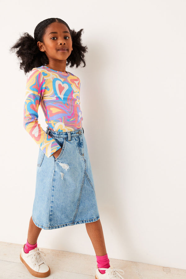 Denim Bleach Wash Midi Skirt (3-16yrs)