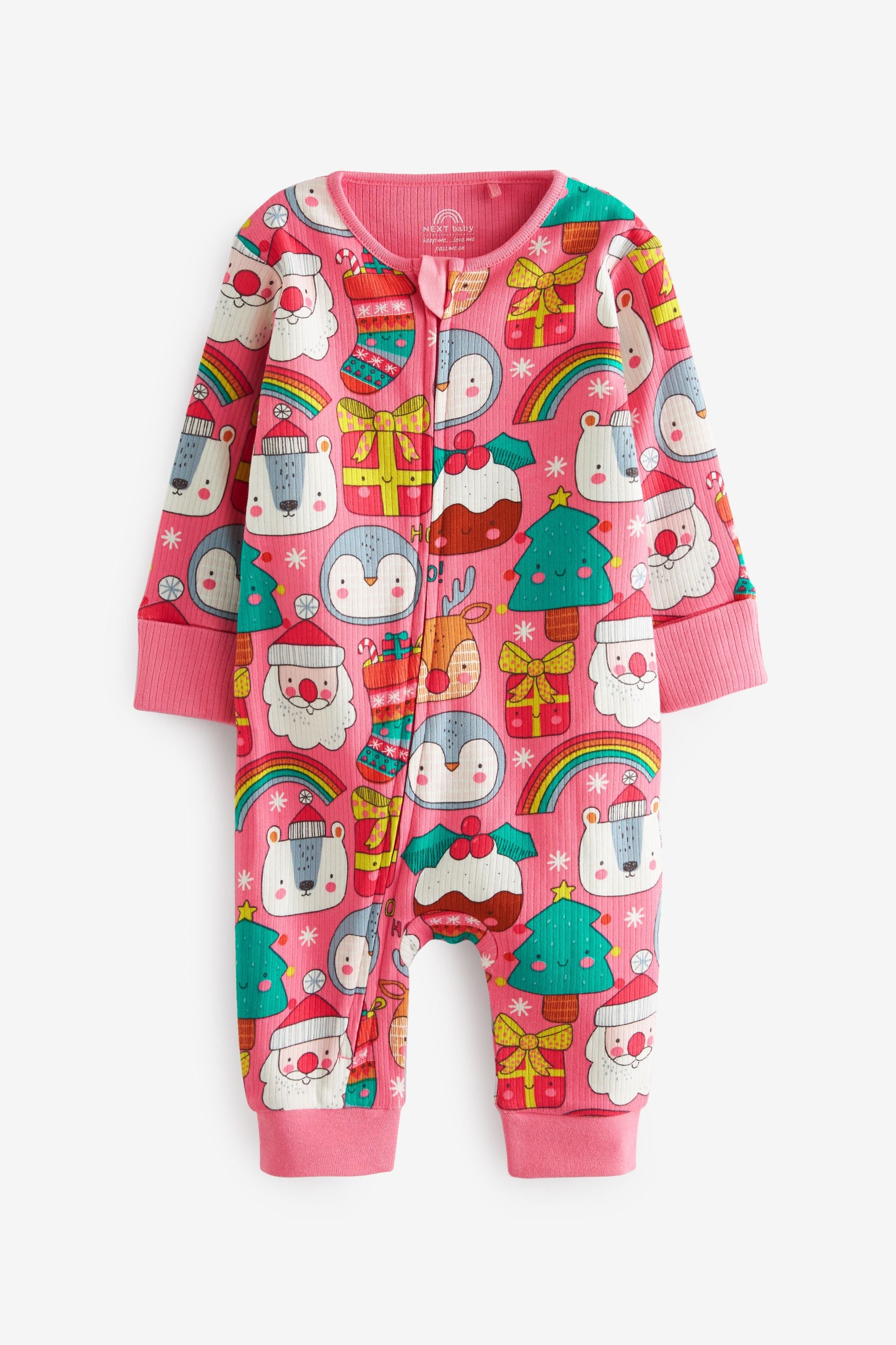 Pink Festive Rib Baby Christmas Single Zip Sleepsuit (0-3yrs)