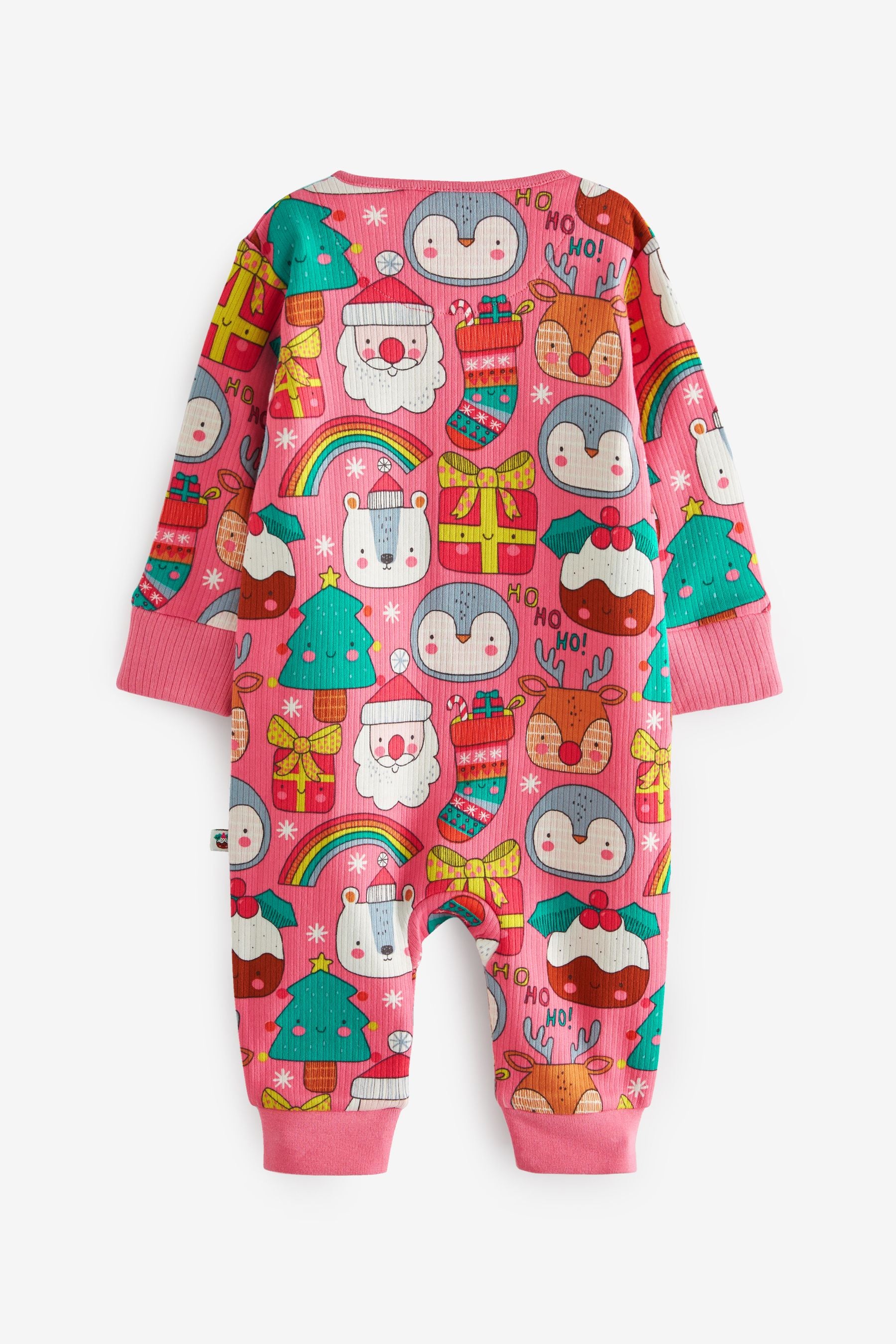 Pink Festive Rib Baby Christmas Single Zip Sleepsuit (0-3yrs)