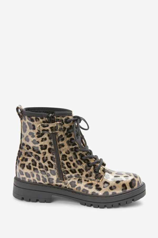 Animal Patent Glitter Warm Lined Lace-Up Boots