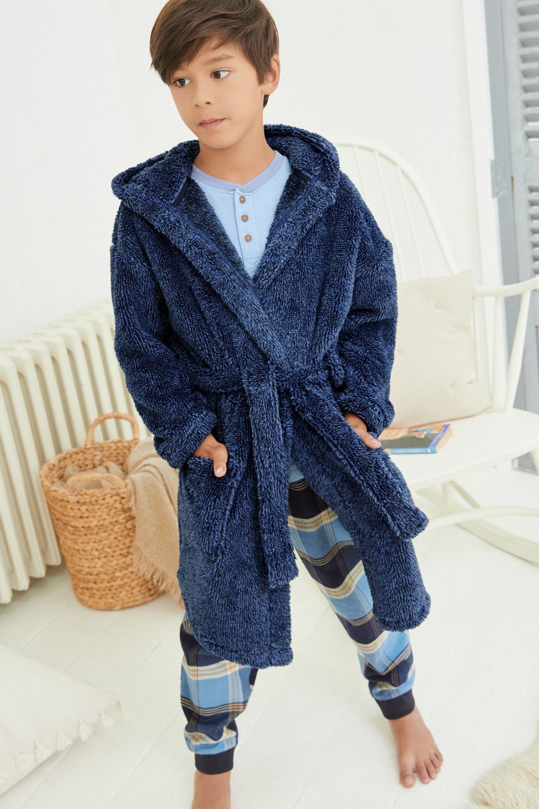 Navy Blue Soft Touch Teddy Borg Fleece Dressing Gown (1.5-16yrs)