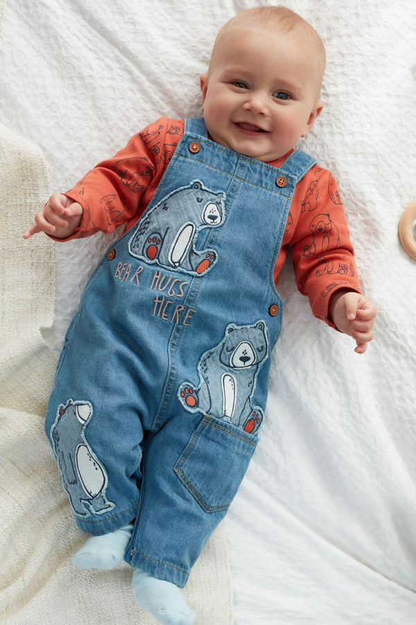 Blue Bear Appliqu 2 Piece Baby Denim Dungarees And Bodysuit Set (0mths-3yr