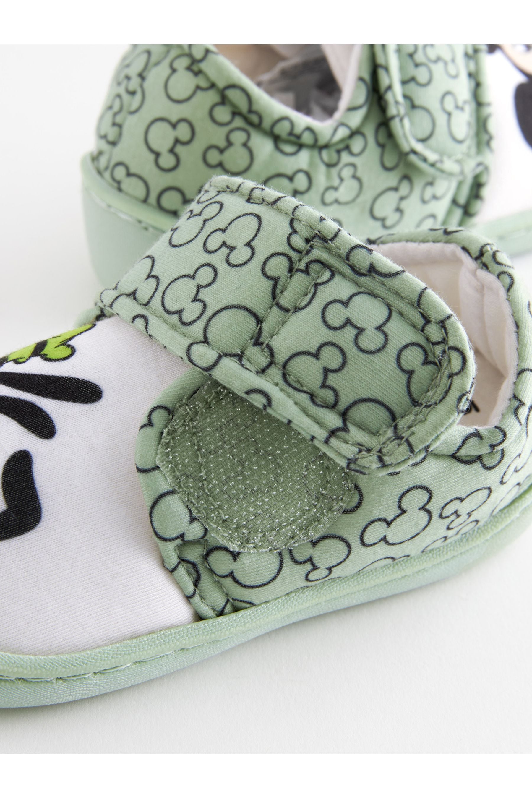 Mickey Mouse Green/Ecru Cream Touch Fastening Cupsole Print Slippers