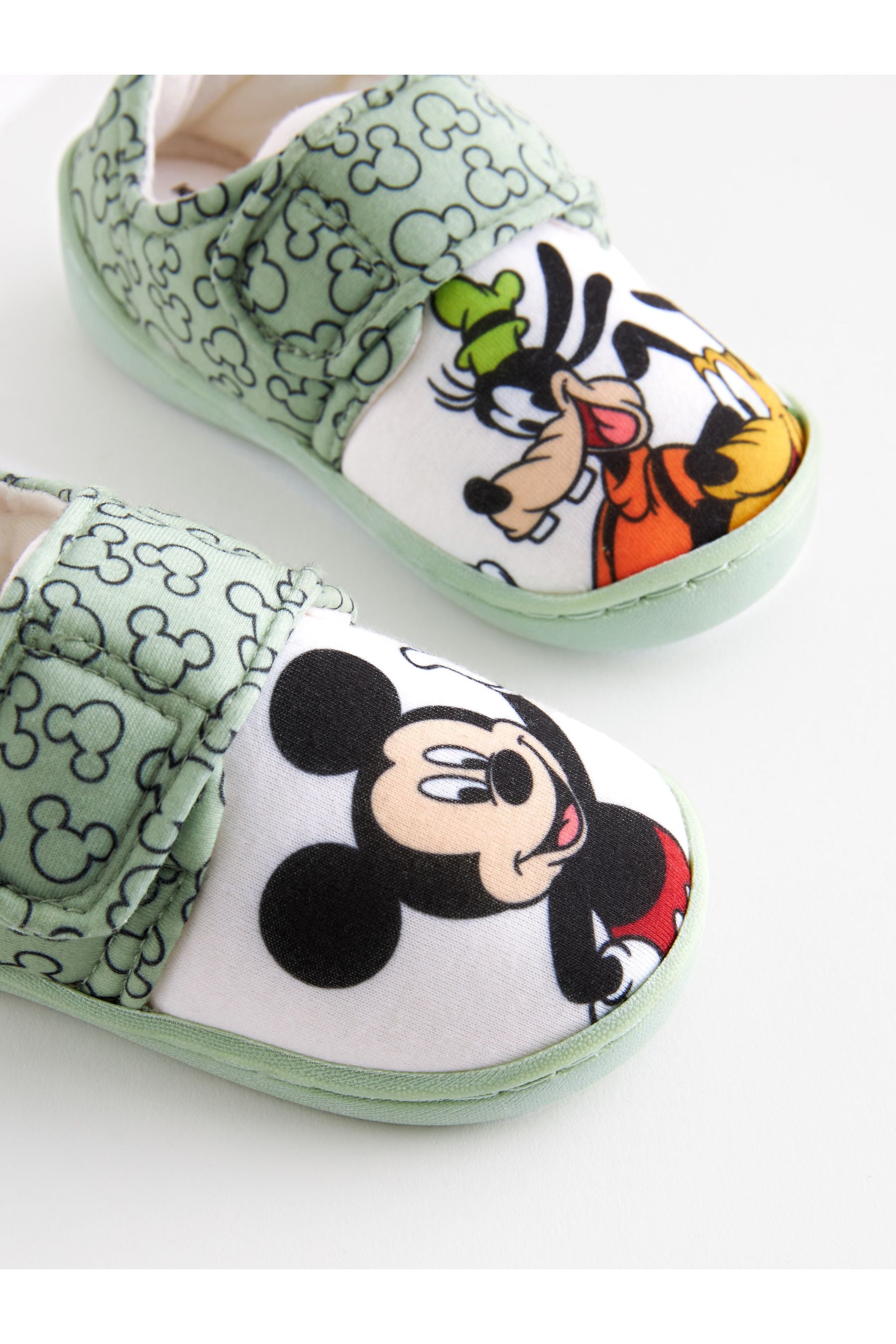 Mickey Mouse Green/Ecru Cream Touch Fastening Cupsole Print Slippers